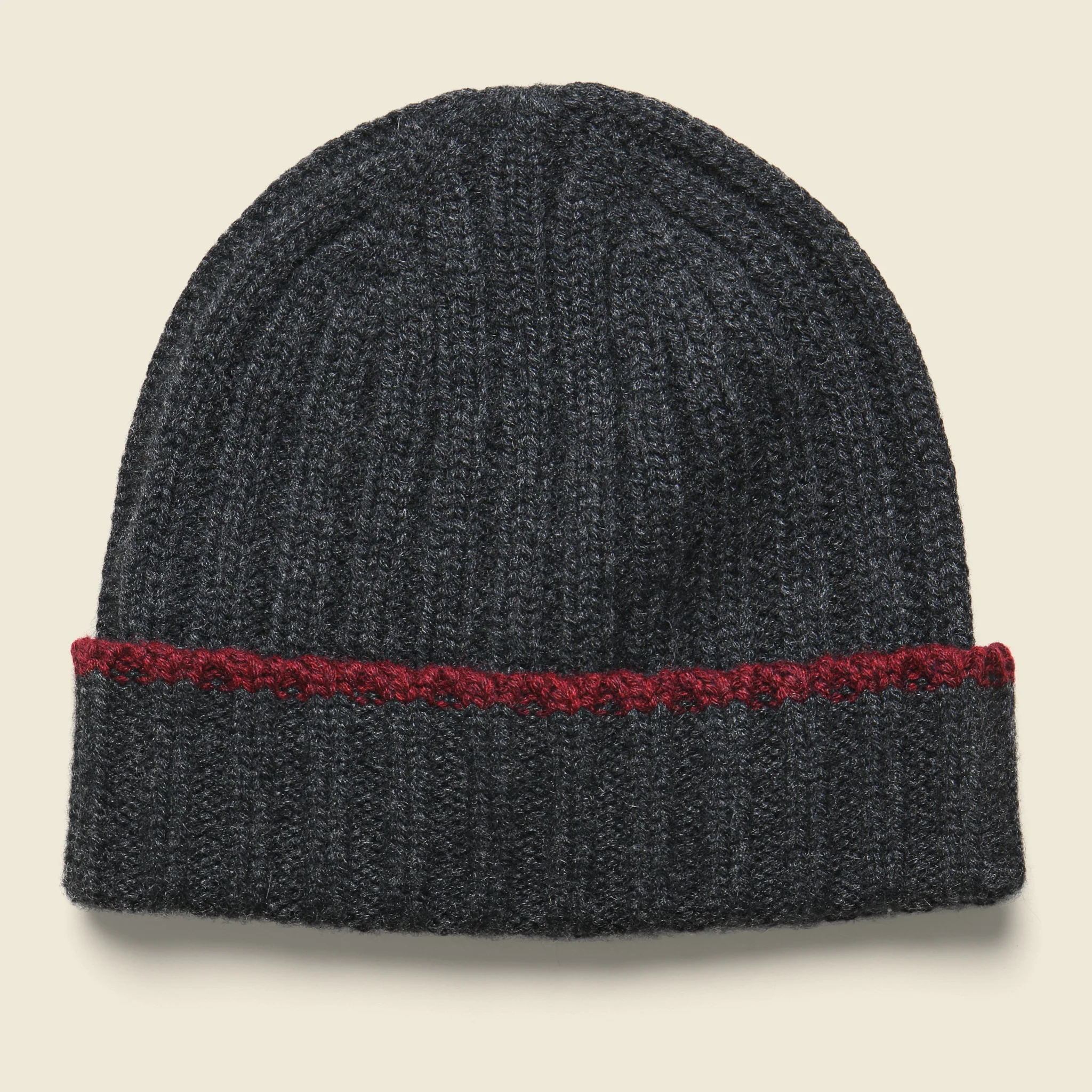 Cashmere Rib Tipping Beanie - Charcoal/Wine