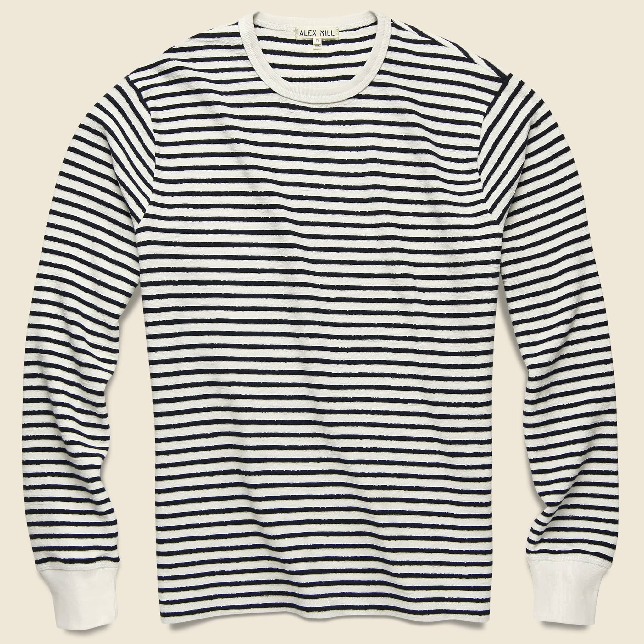 Stripe Texture Terry Crew Tee - White/Navy
