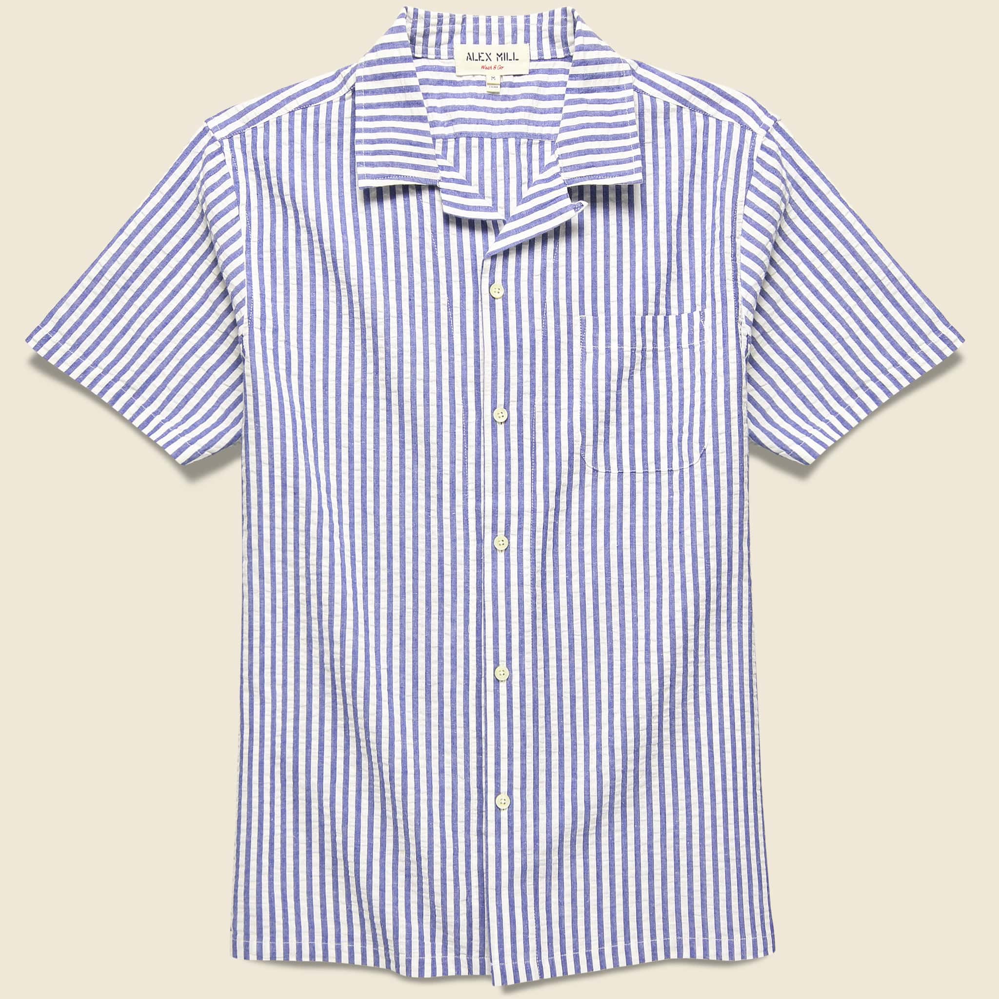 Seersucker Camp Shirt - Blue/White Stripes