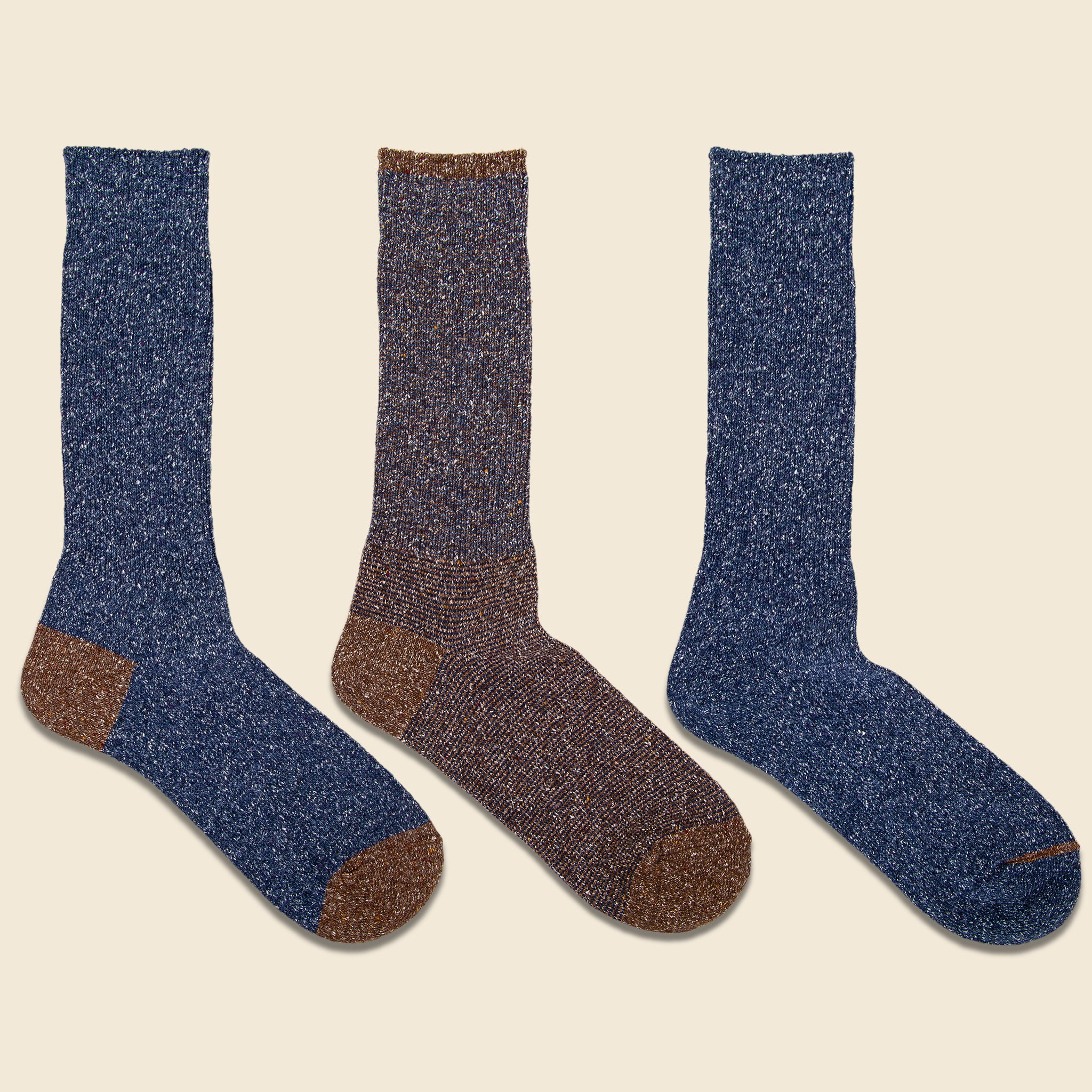 Nep Crew Sock - Three Pack - Navy/Brown