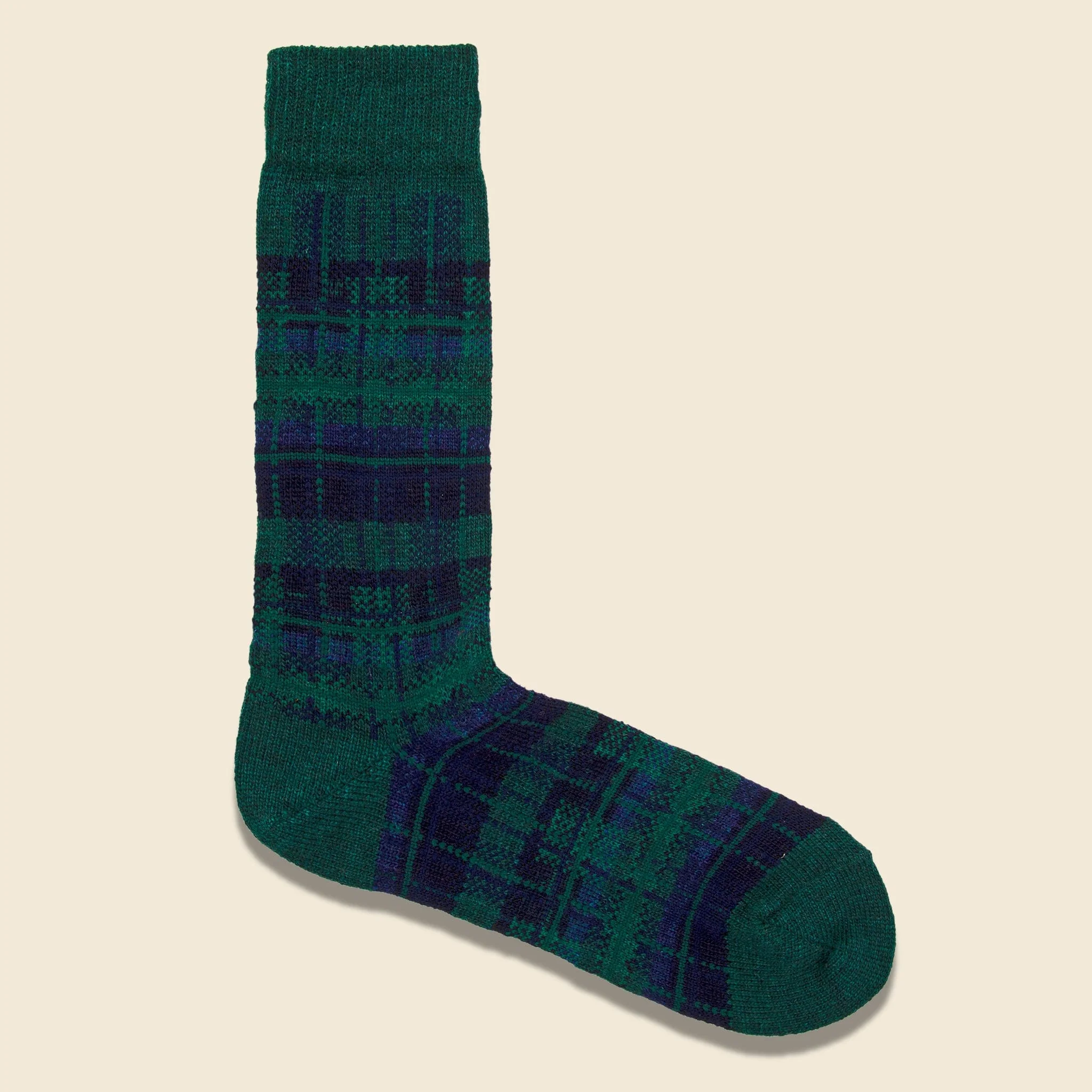 Wool Check Crew Sock - Moss Green