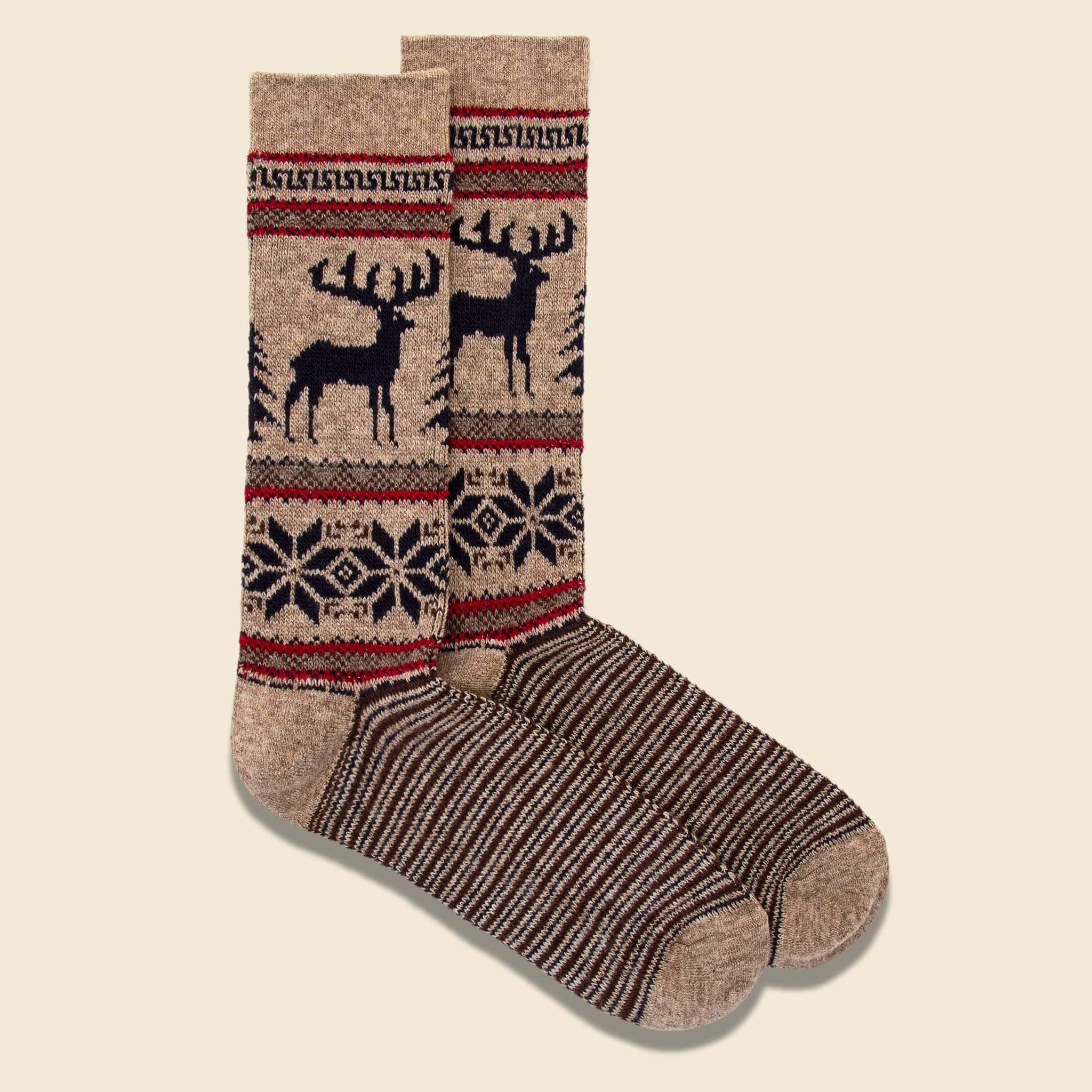 Wool Deer Snow Jacquard Crew Sock - Beige