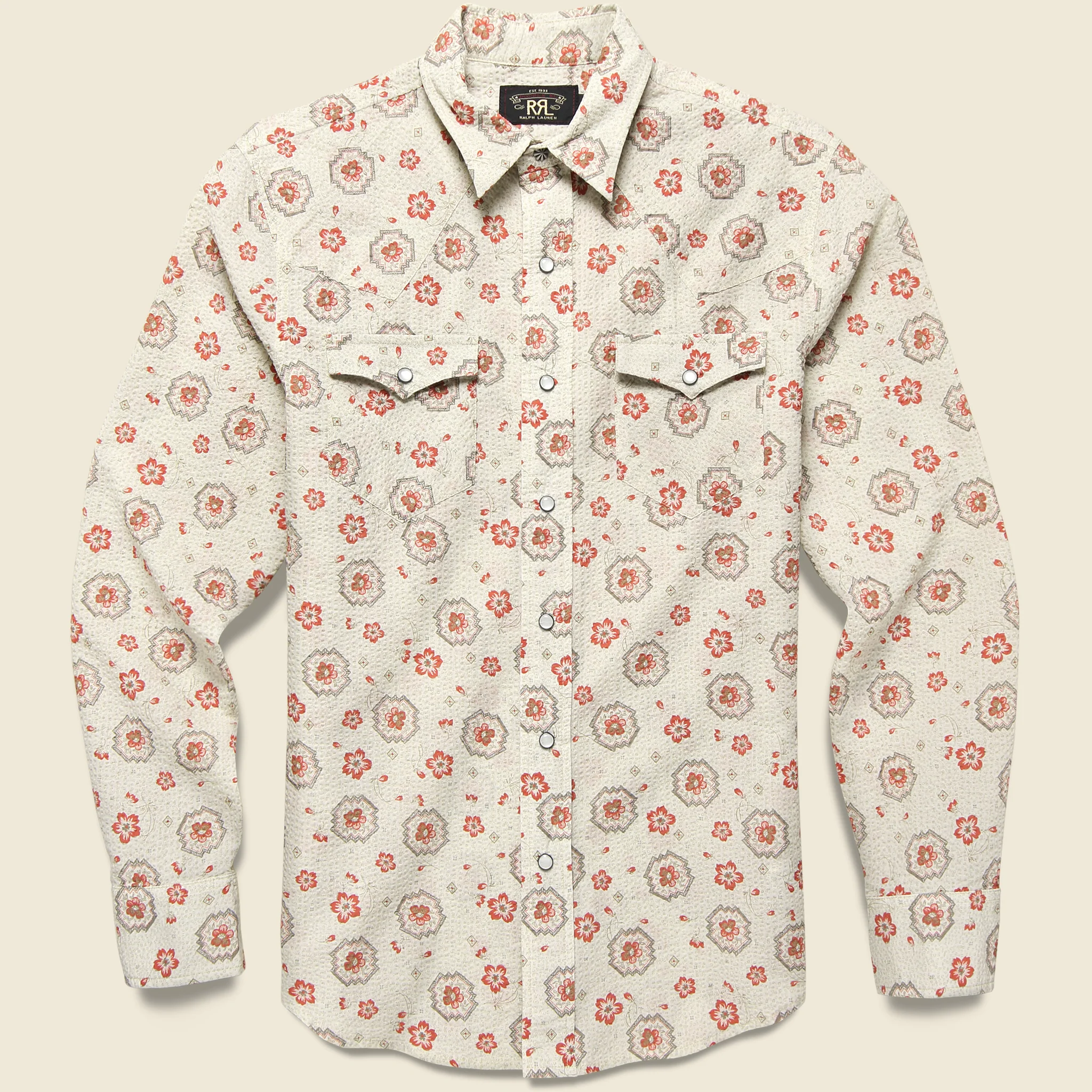 Bandana Print Seersucker Western Shirt - Tan/Coral