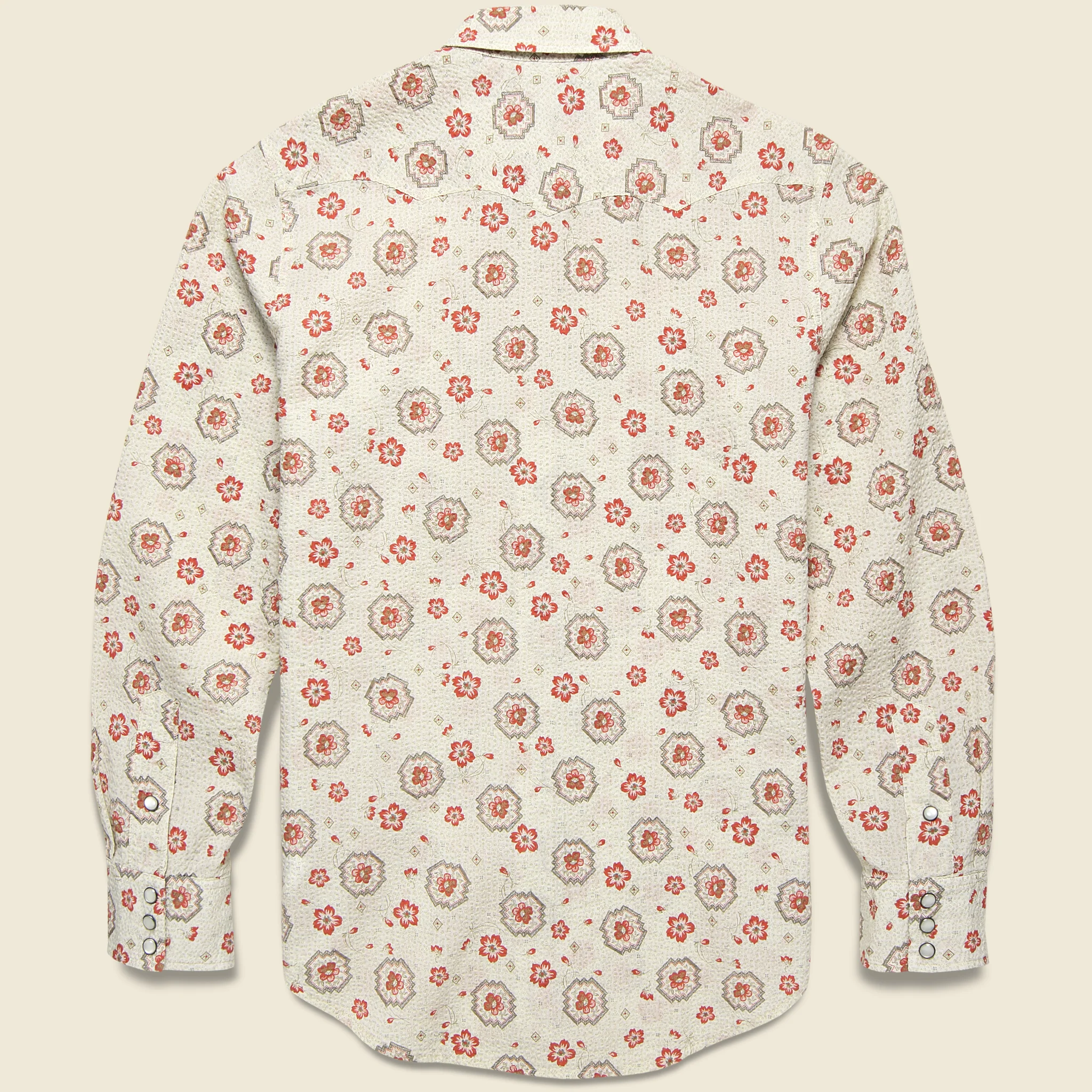 Bandana Print Seersucker Western Shirt - Tan/Coral - Image 2