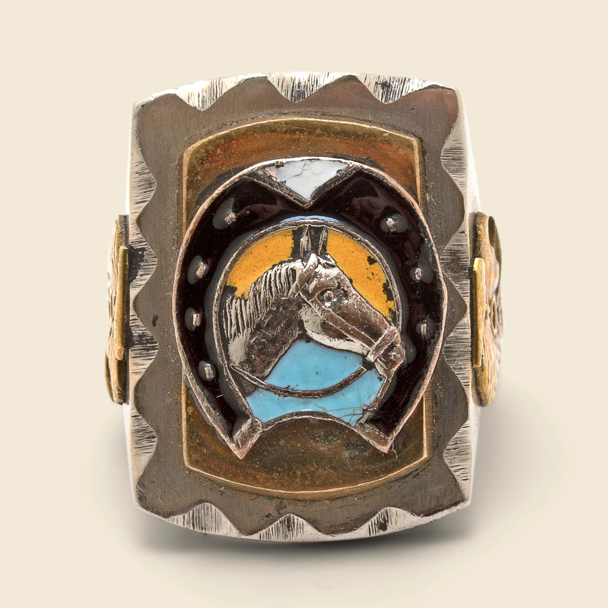 Blue Enamel Horse Biker Ring - Image 2