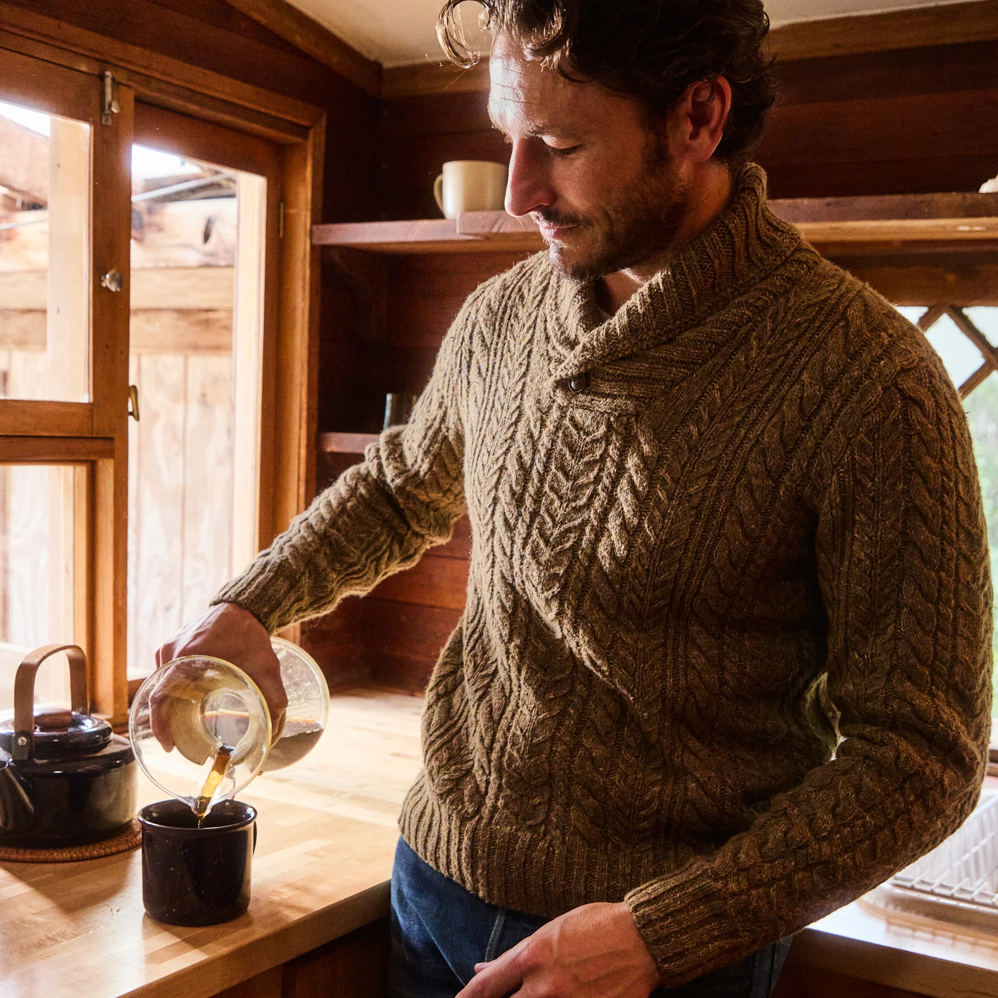 Cable Knit Shawl Sweater - Brown - Image 2