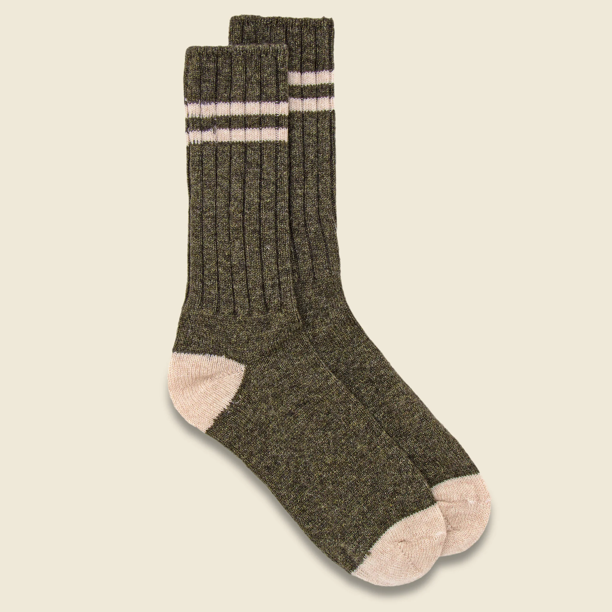 Cashmere Double Stripe Crew Sock - Moss/Natural