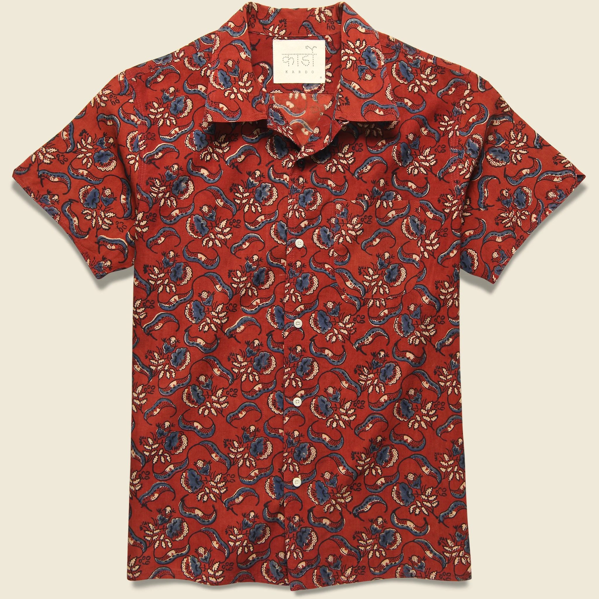 Chintan Ajrakh Floral Block Print Shirt - Red/Blue