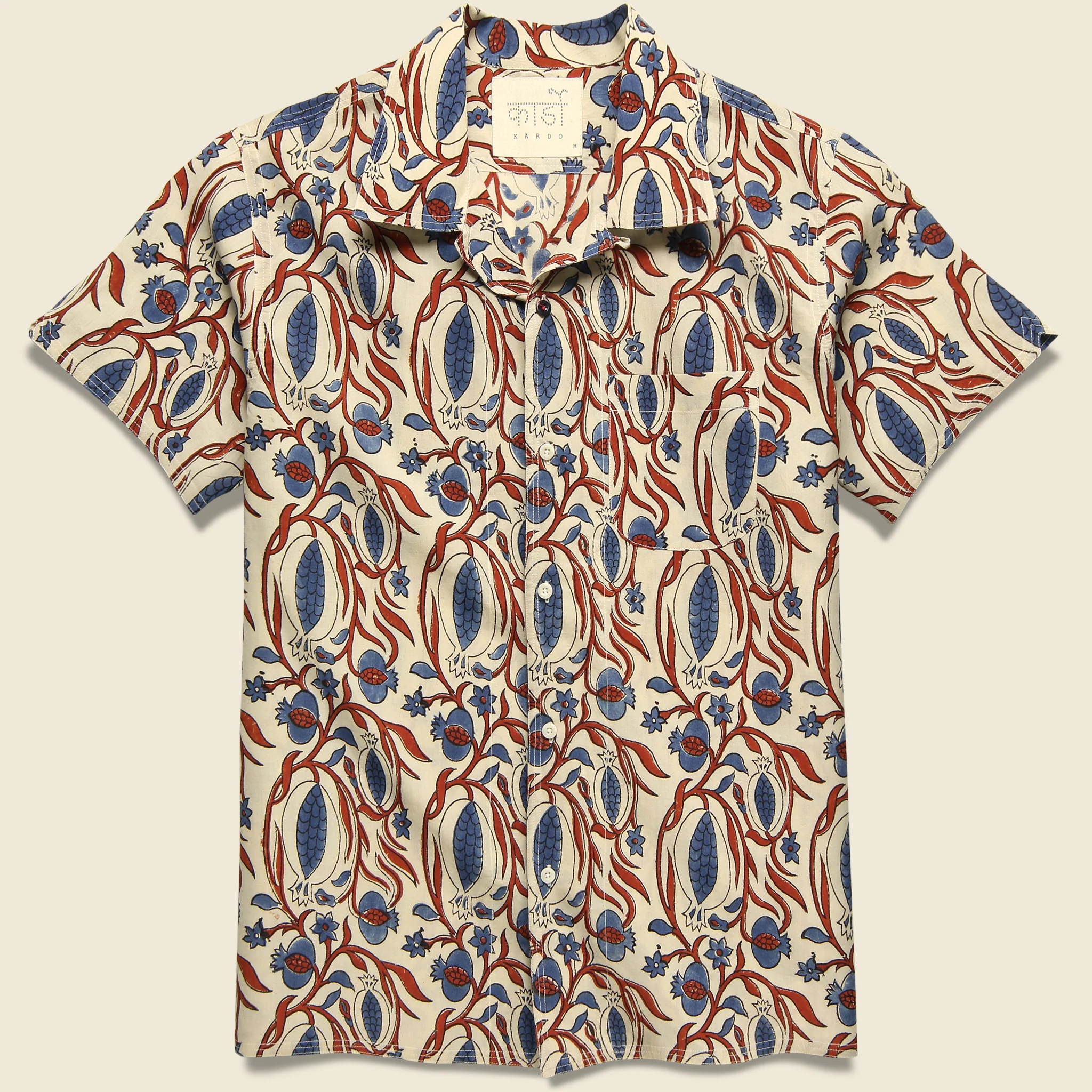 Chintan Floral Vine Block Print Shirt - White/Red/Blue