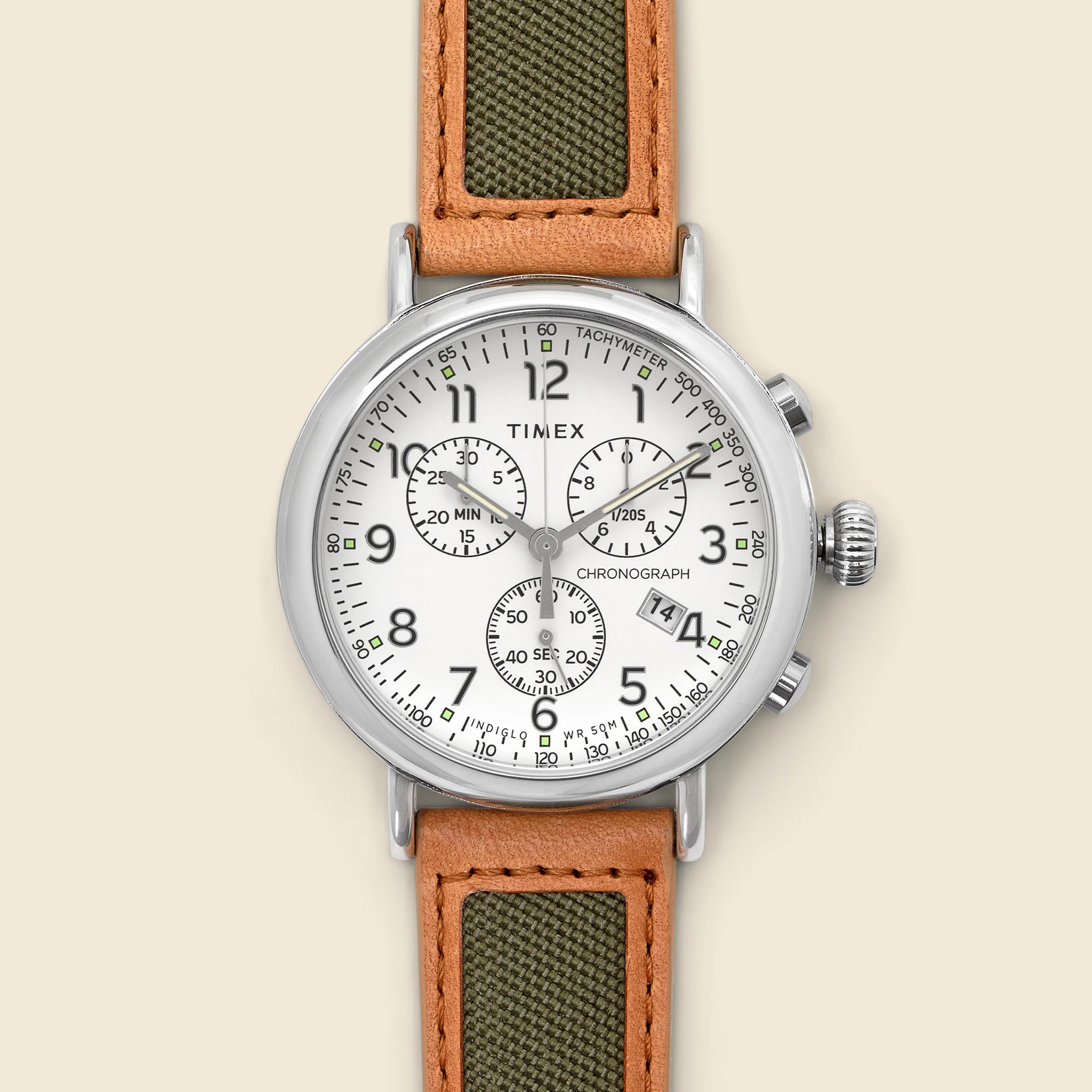 Chronograph Leather Strap Watch 41mm - Silver Tone/Tan/Cream