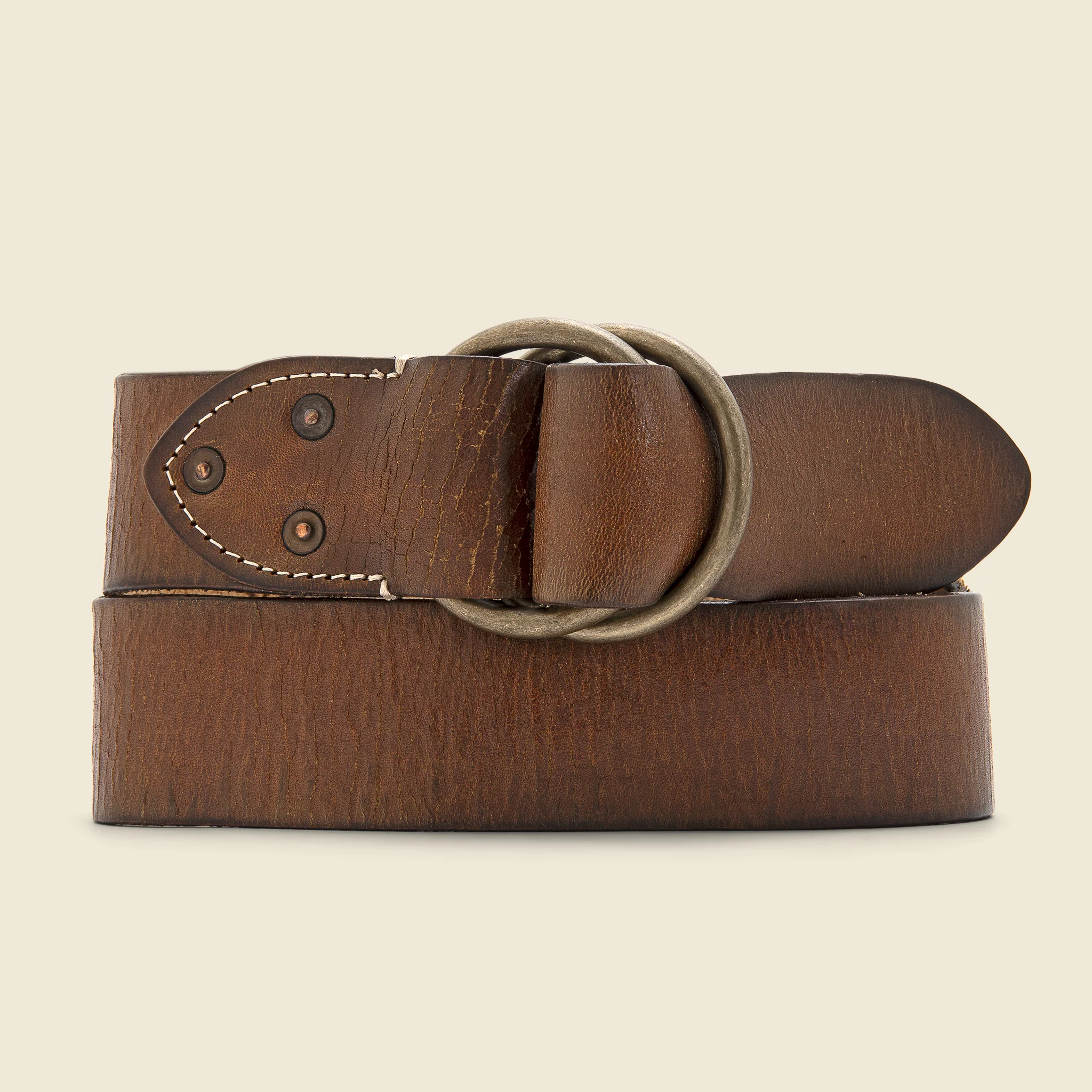 Distressed Leather Double-O Ring Belt - Vintage Brown