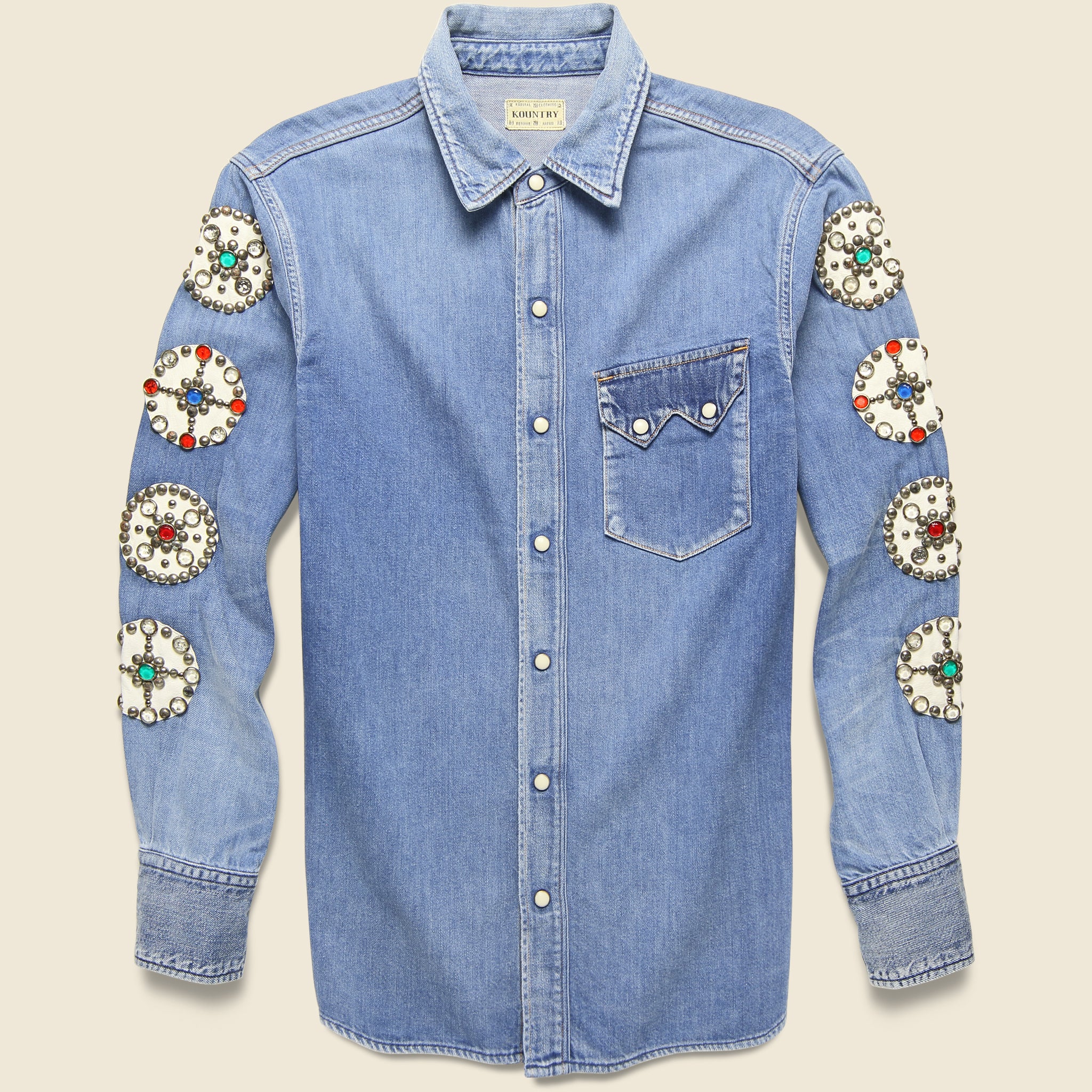 Dot Sleeve Denim Studs Western Shirt - Indigo