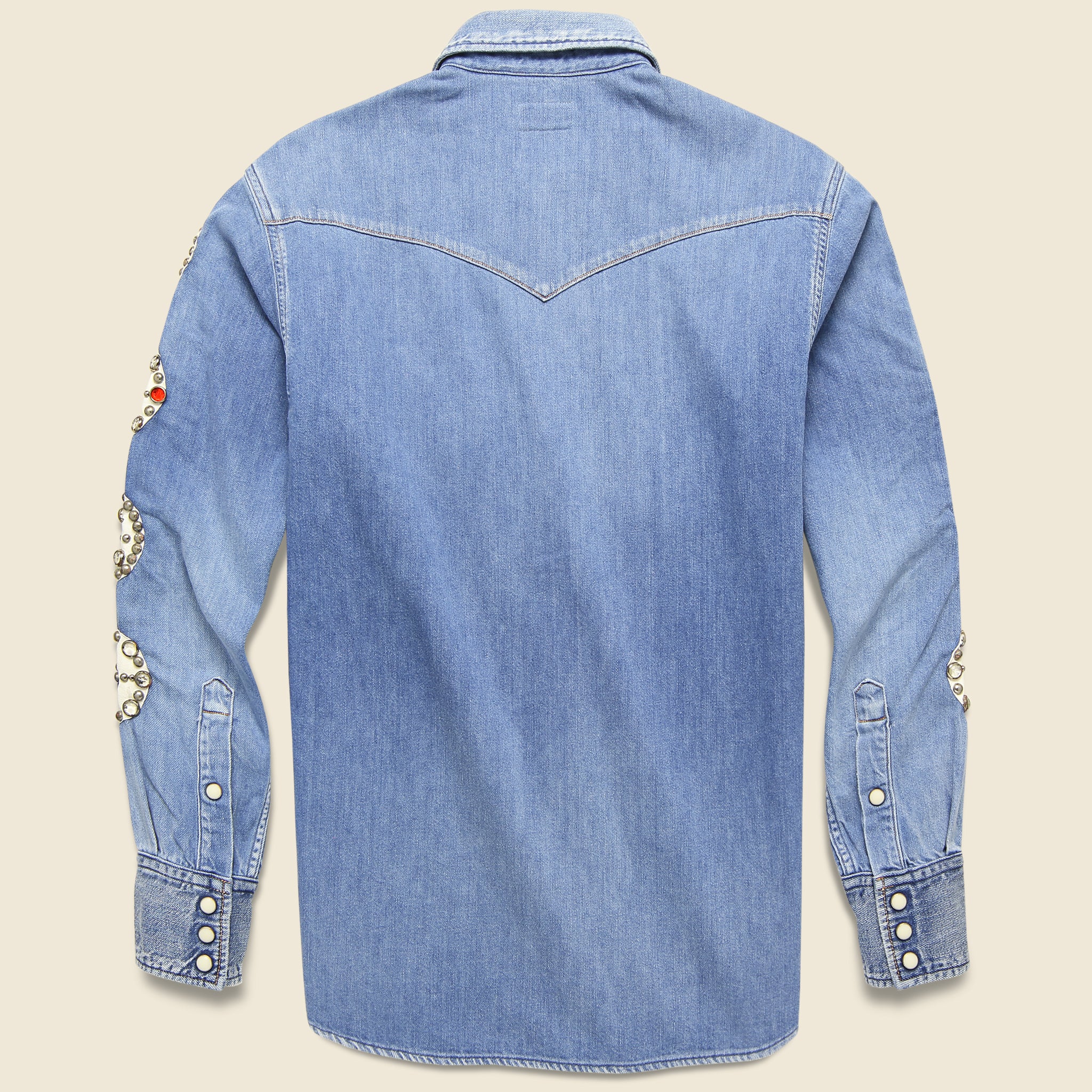 Dot Sleeve Denim Studs Western Shirt - Indigo - Image 2