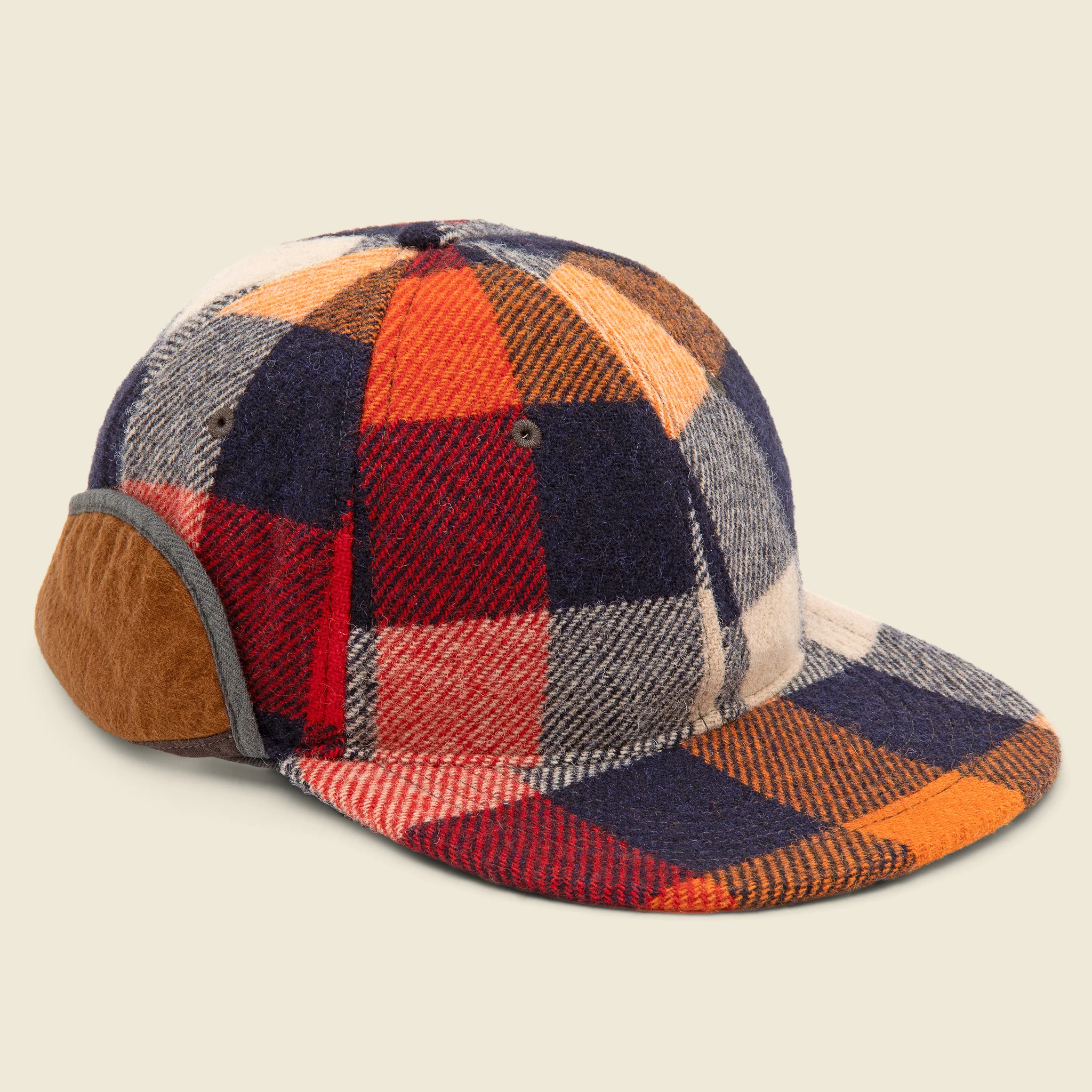 Ear Flap Wool Ball Cap - Orange Plaid