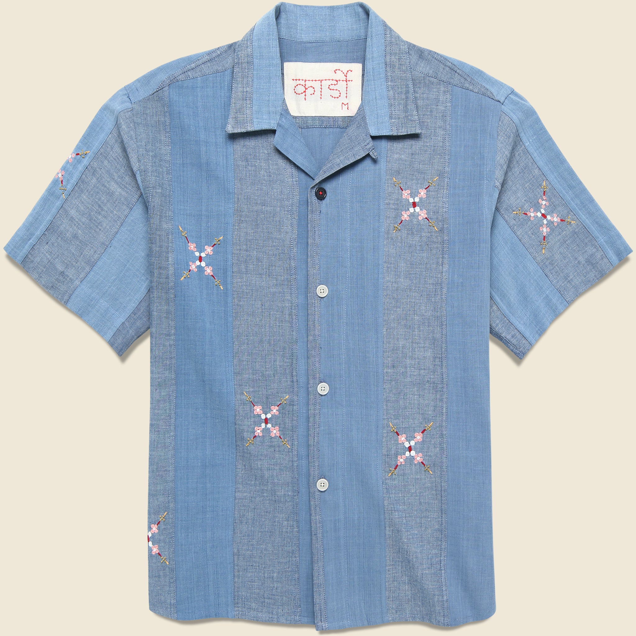 Embroidered Patchwork Khadi Shirt - Blue
