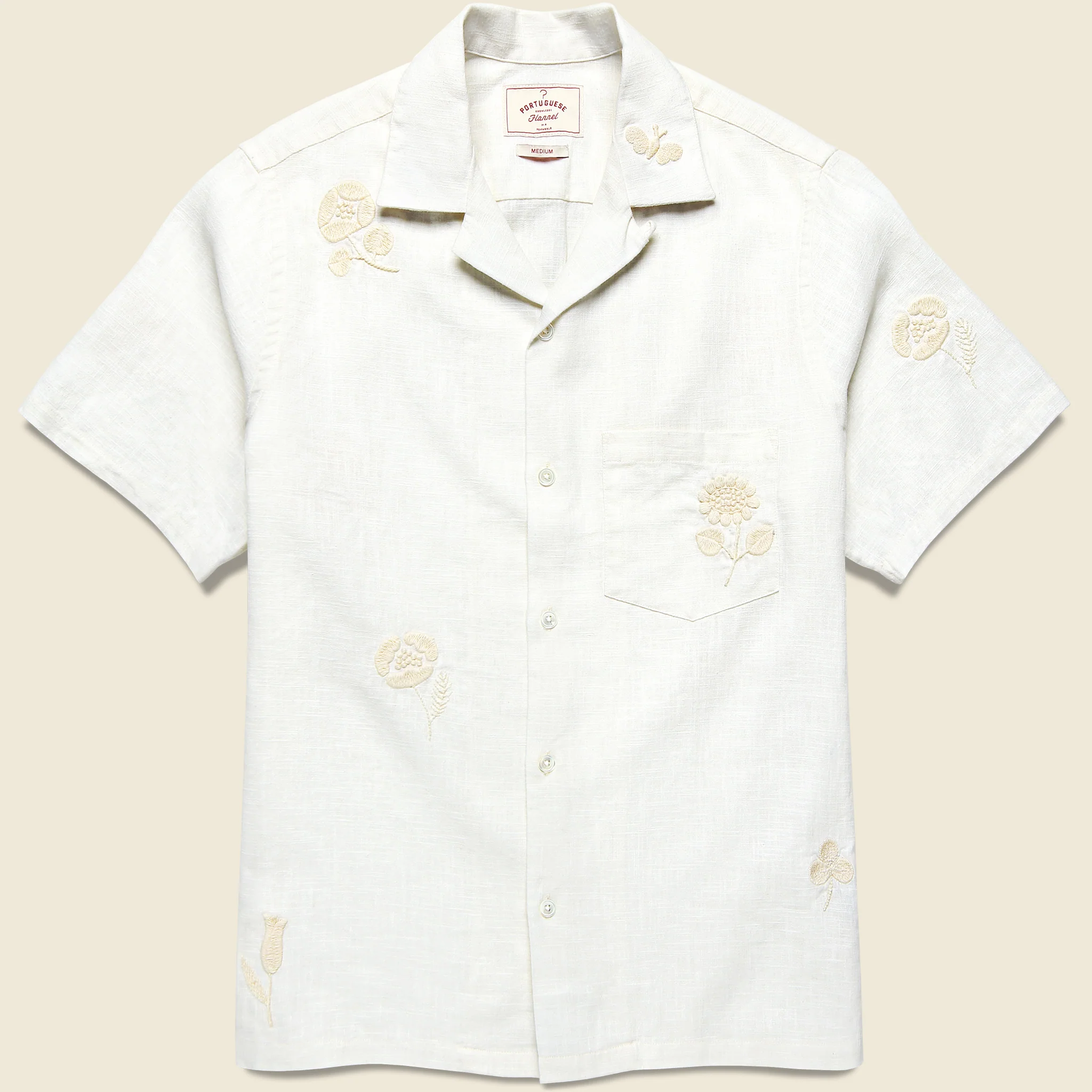 Embroidered Ramie Camp Shirt - Ecru