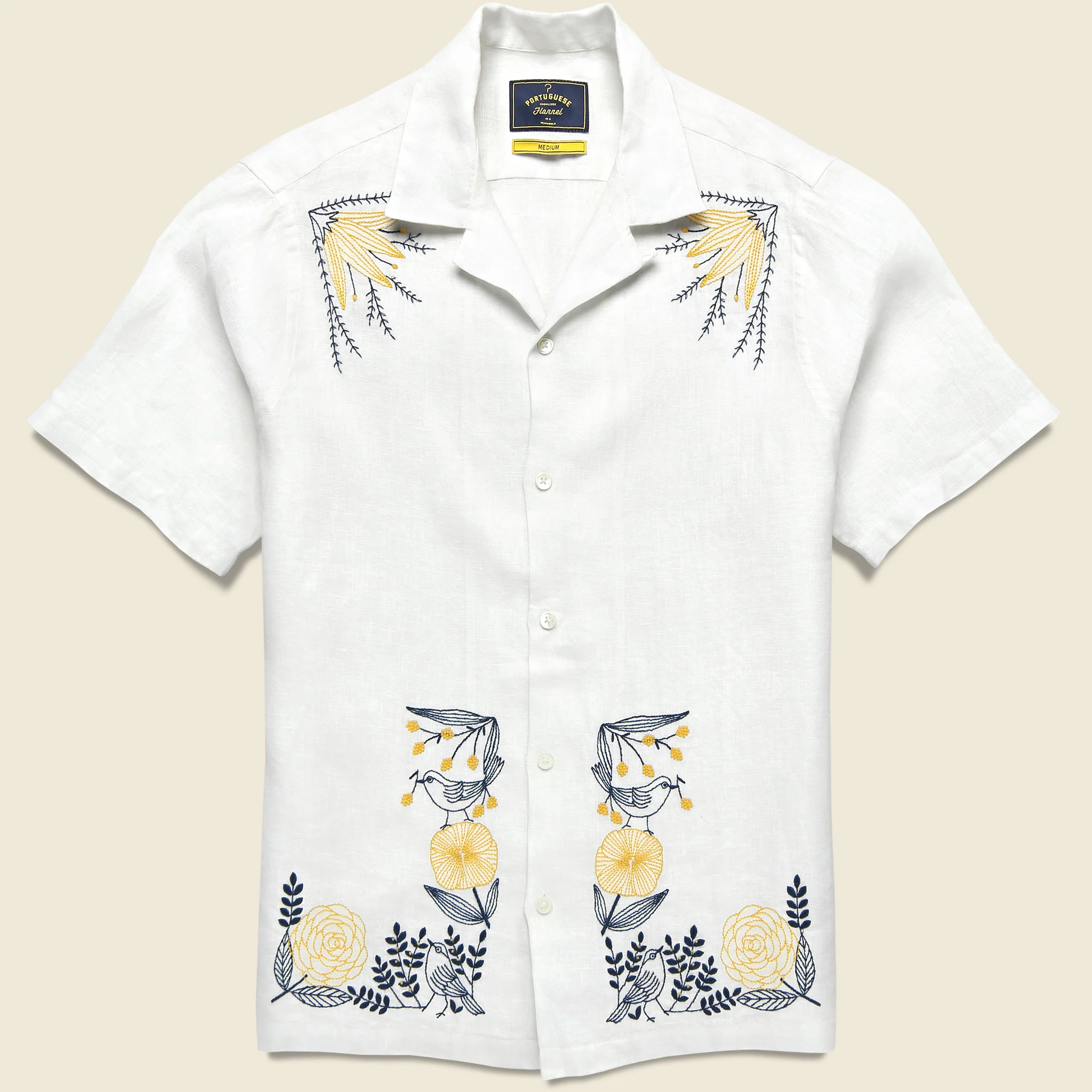 Bird Embroidery Camp Shirt - White
