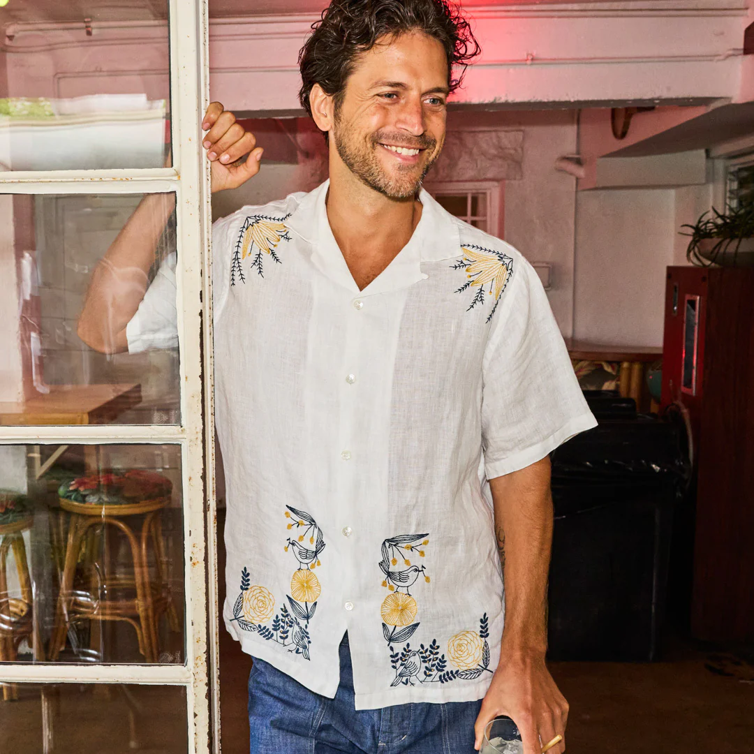 Bird Embroidery Camp Shirt - White - Image 3