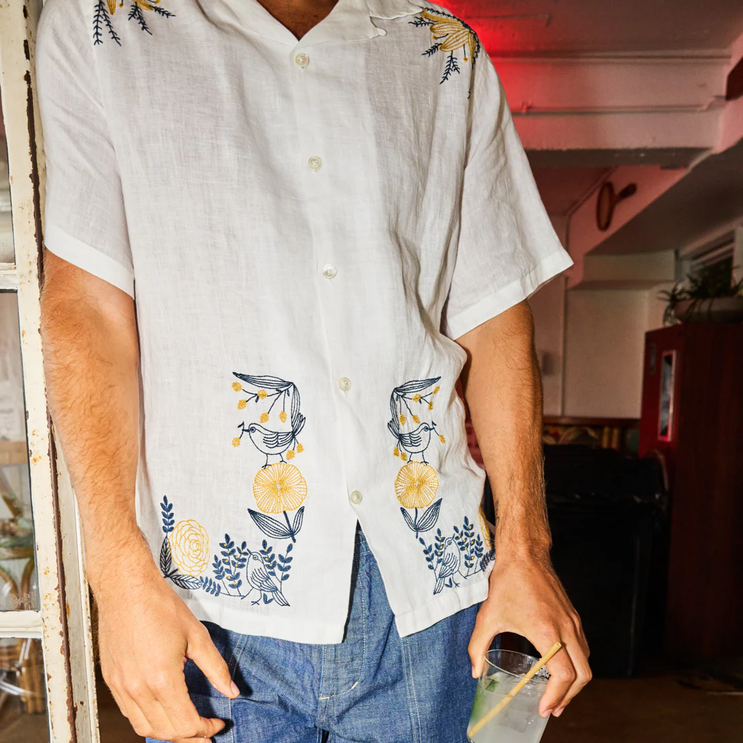Bird Embroidery Camp Shirt - White - Image 4