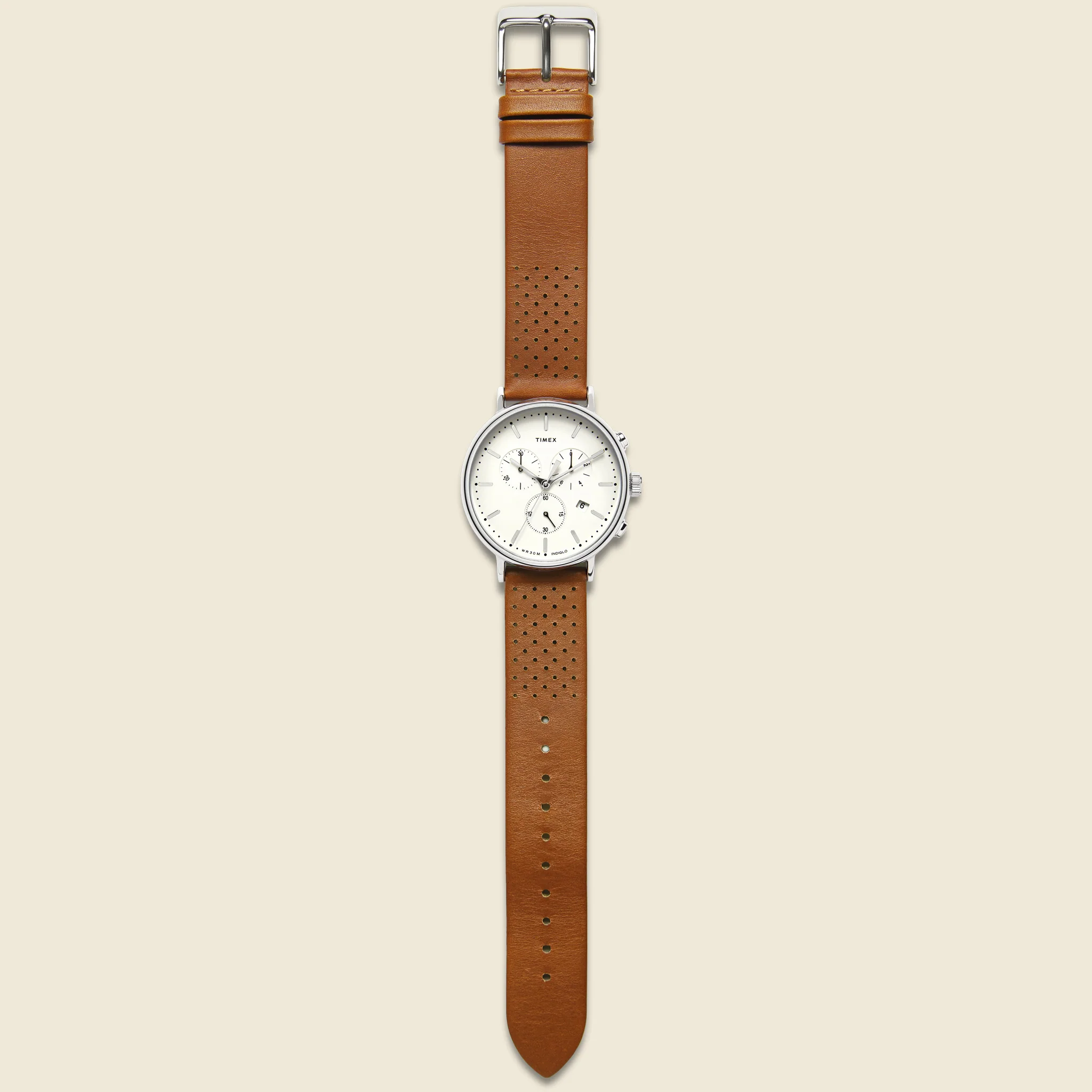 Fairfield Chronograph Leather Strap Watch 41mm - Silver Tone/Tan/White - Image 2
