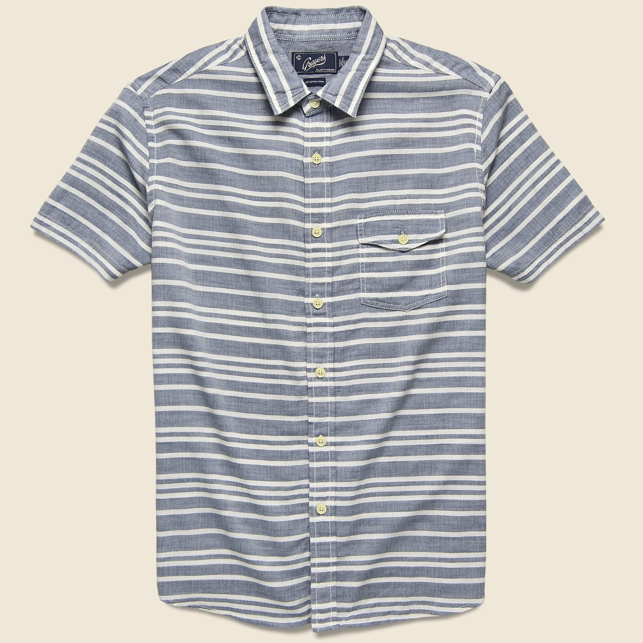 Trevor Horizontal Slub Twill Shirt - Navy/Cream