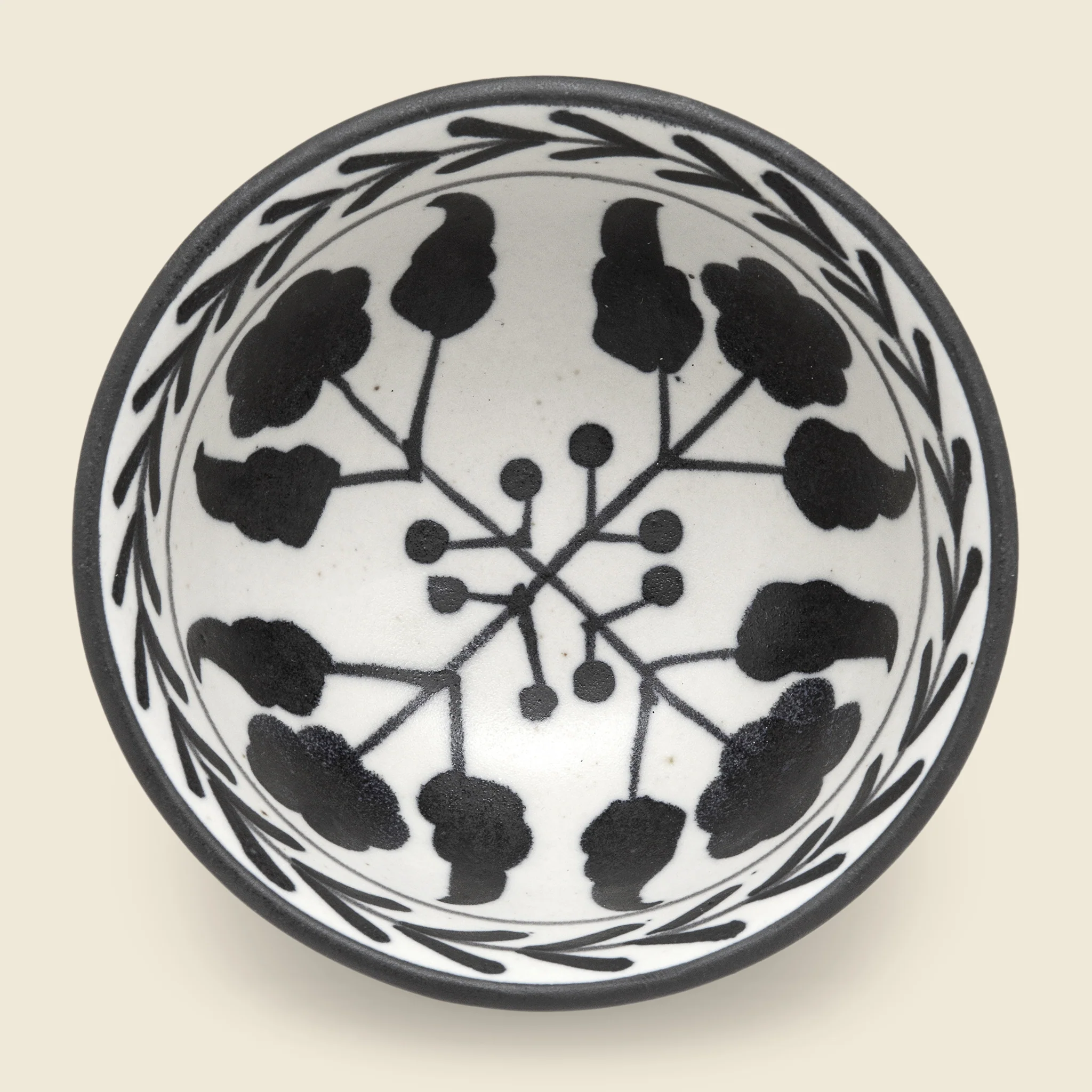 Hand Painted Floral Design Stoneware Bowl - Black