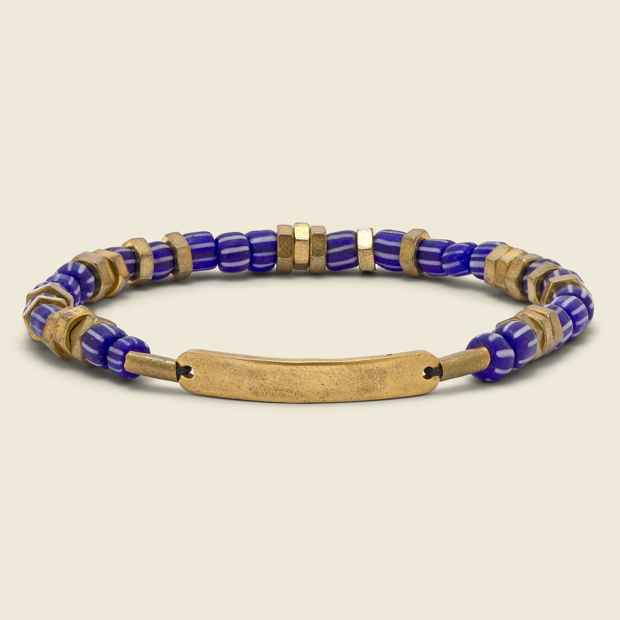 ID Bar Vintage Striped Beaded Bracelet - Brass/Blue - Image 2