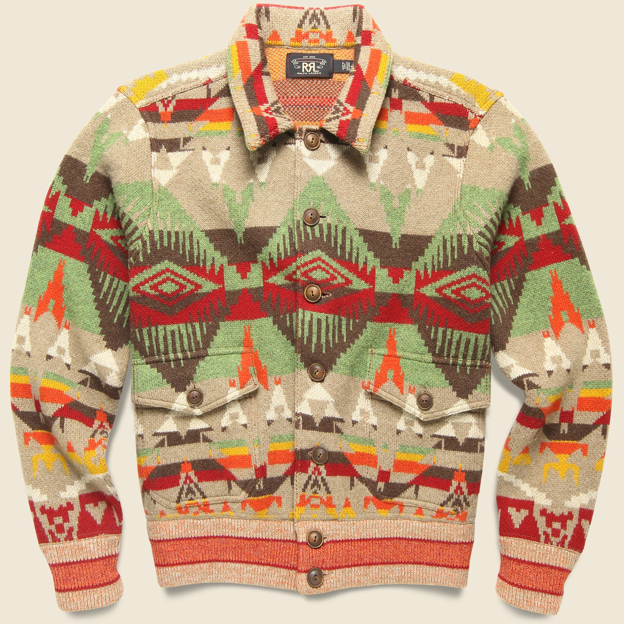 Jacquard Wool Sweater Jacket - Tan/Red/Multi