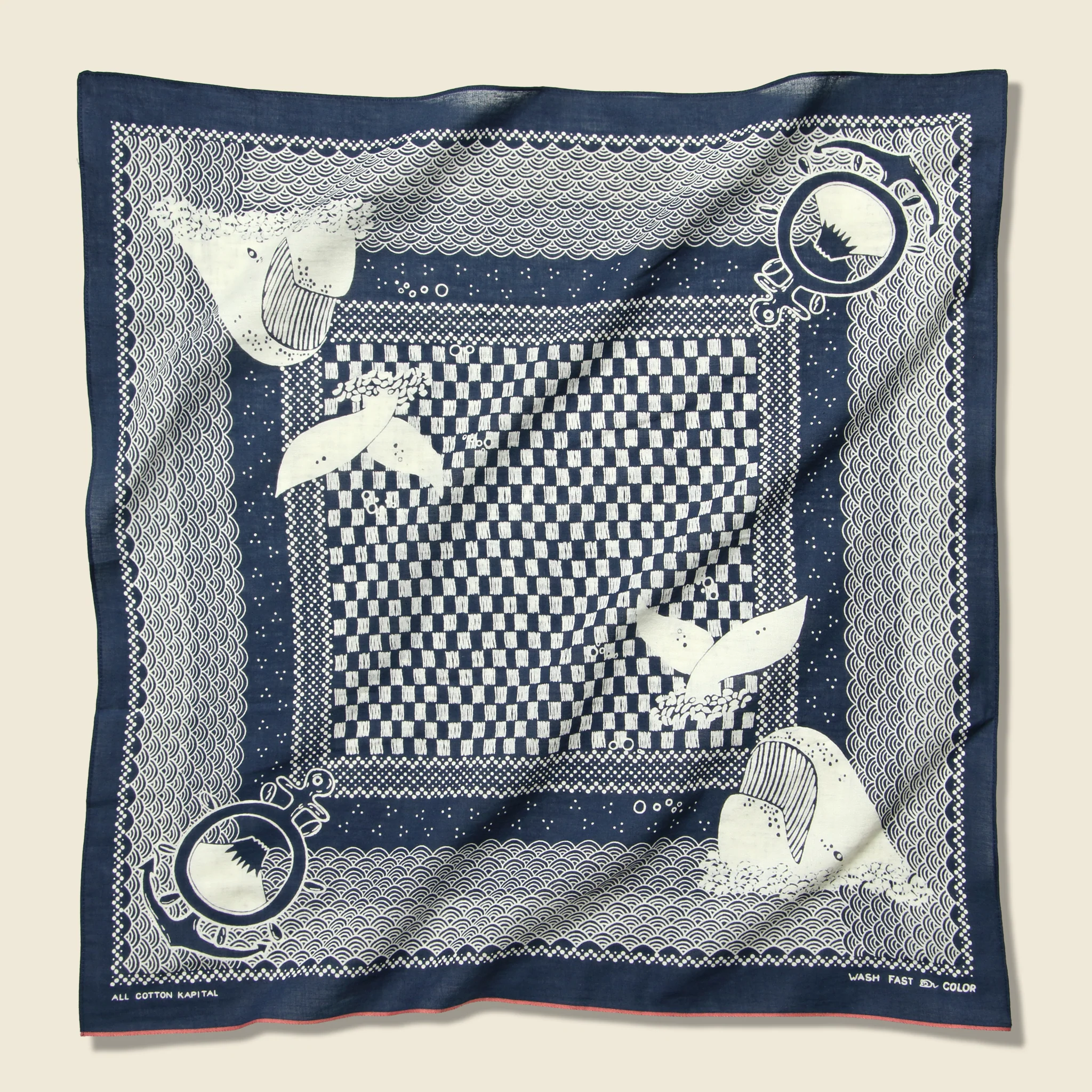 Fastcolor Selvedge Yoroke Ichimatsu Whale Bandana - Navy
