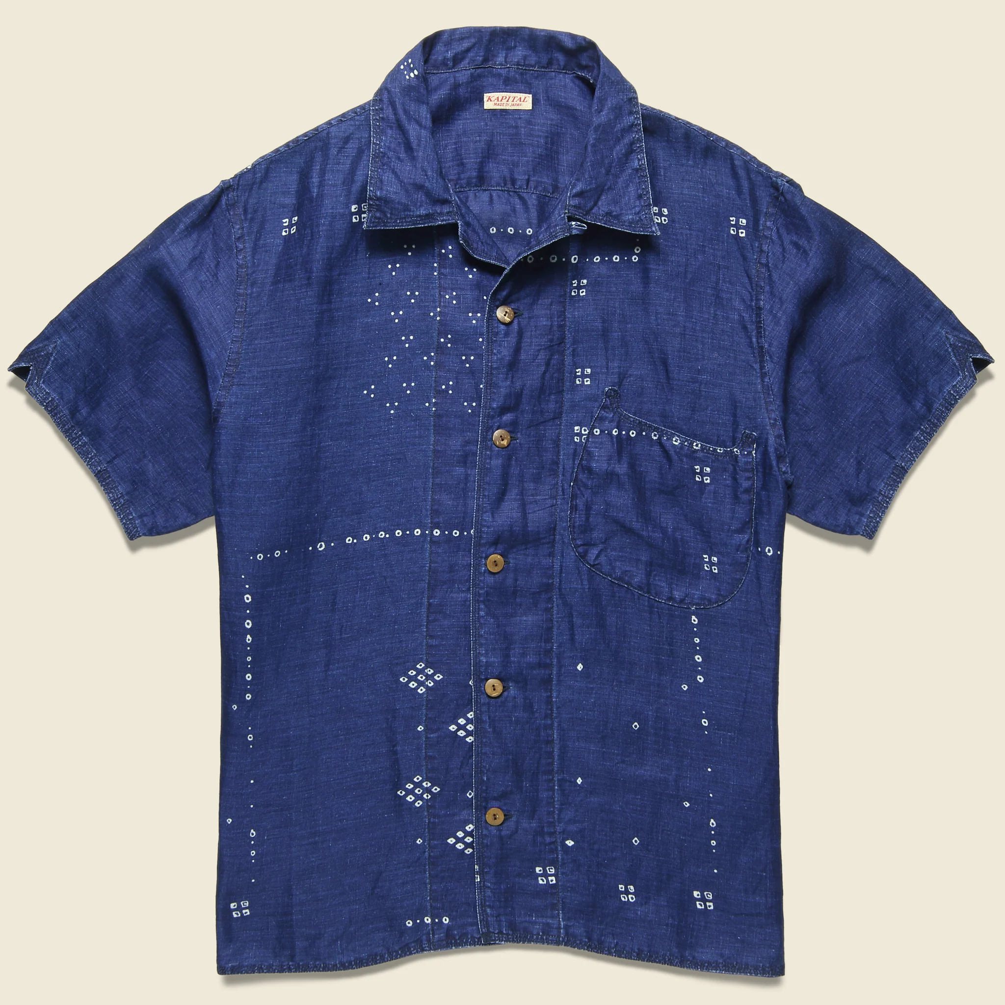 French Cloth Linen Bandana Dye Aloha Shirt - Indigo