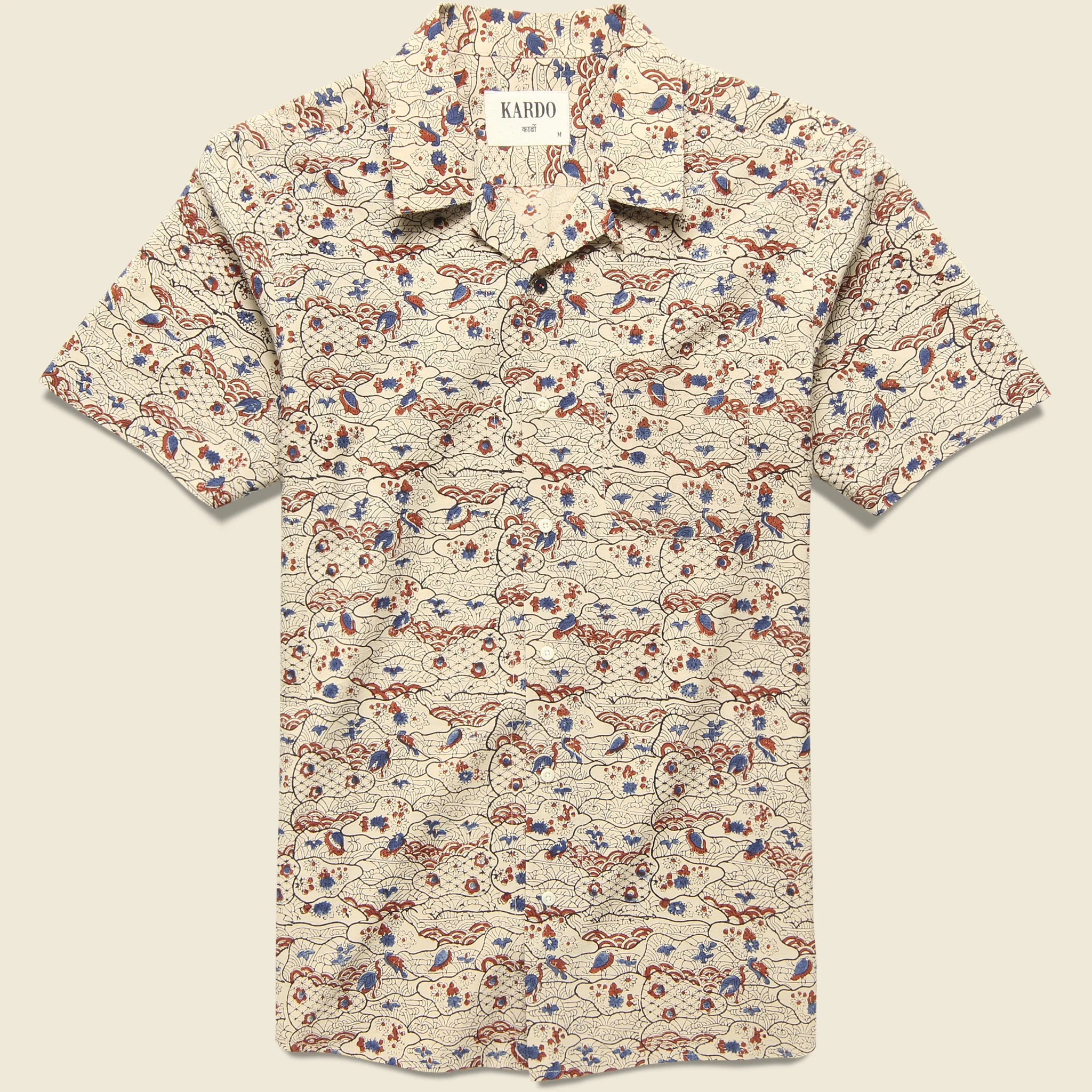Lamar Block Print Rainbow & Birds Shirt - Tan/Red