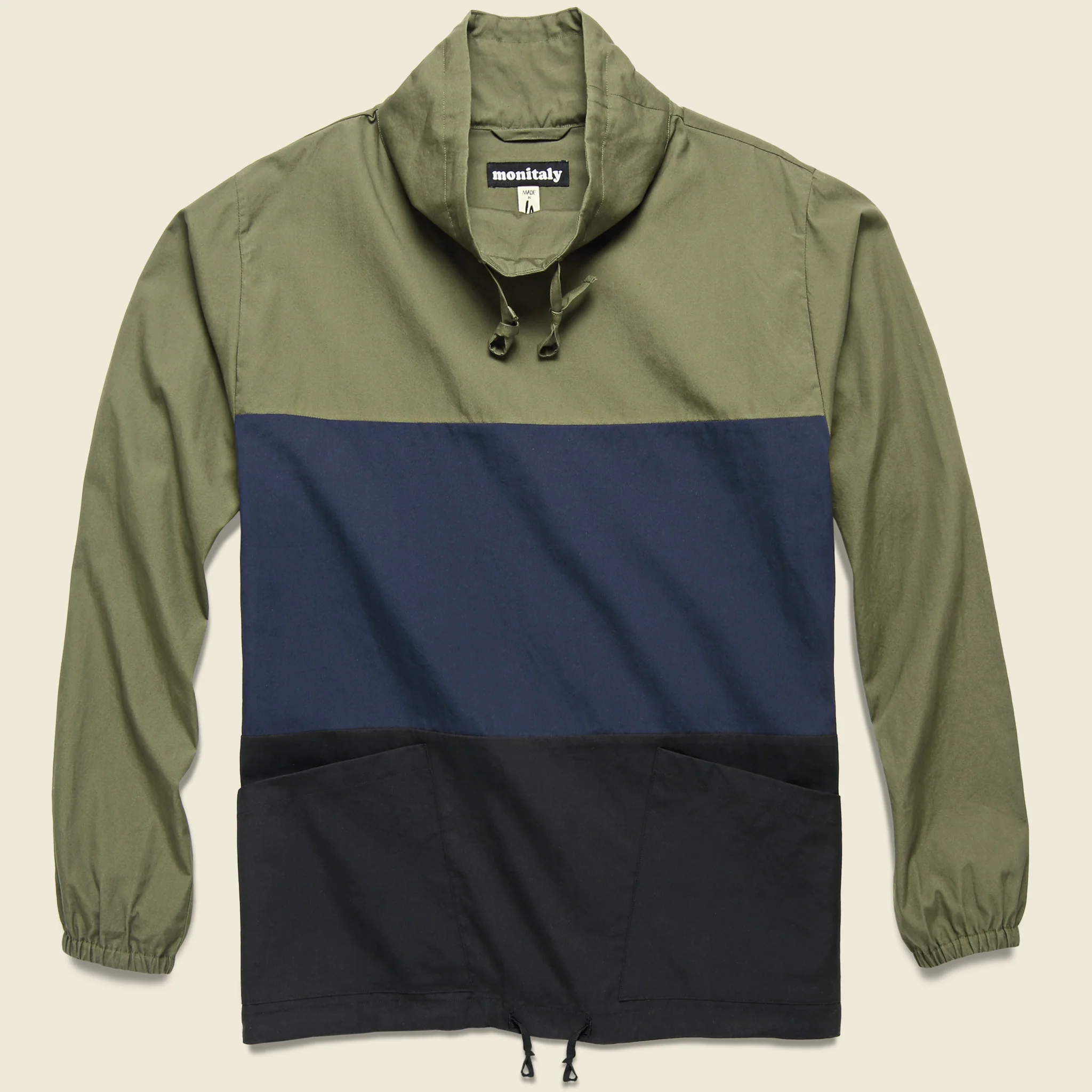 Paneled Mock Neck Pullover - Olive/Navy/Black