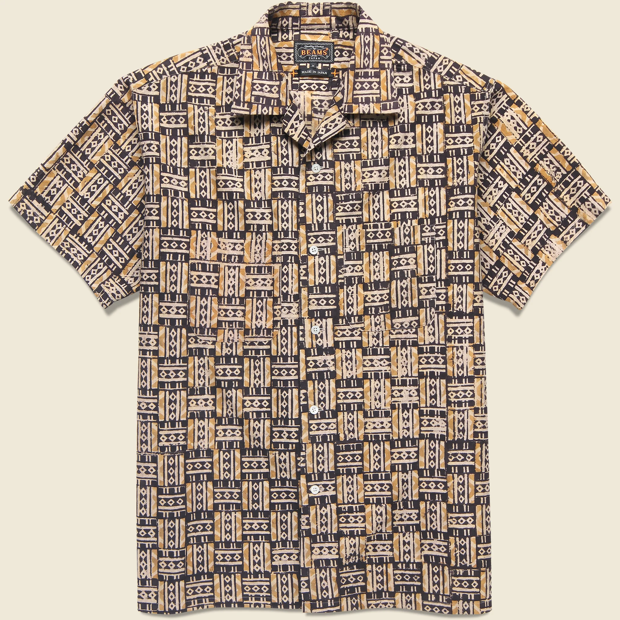 Open Collar Grid Block Print Shirt - Orange