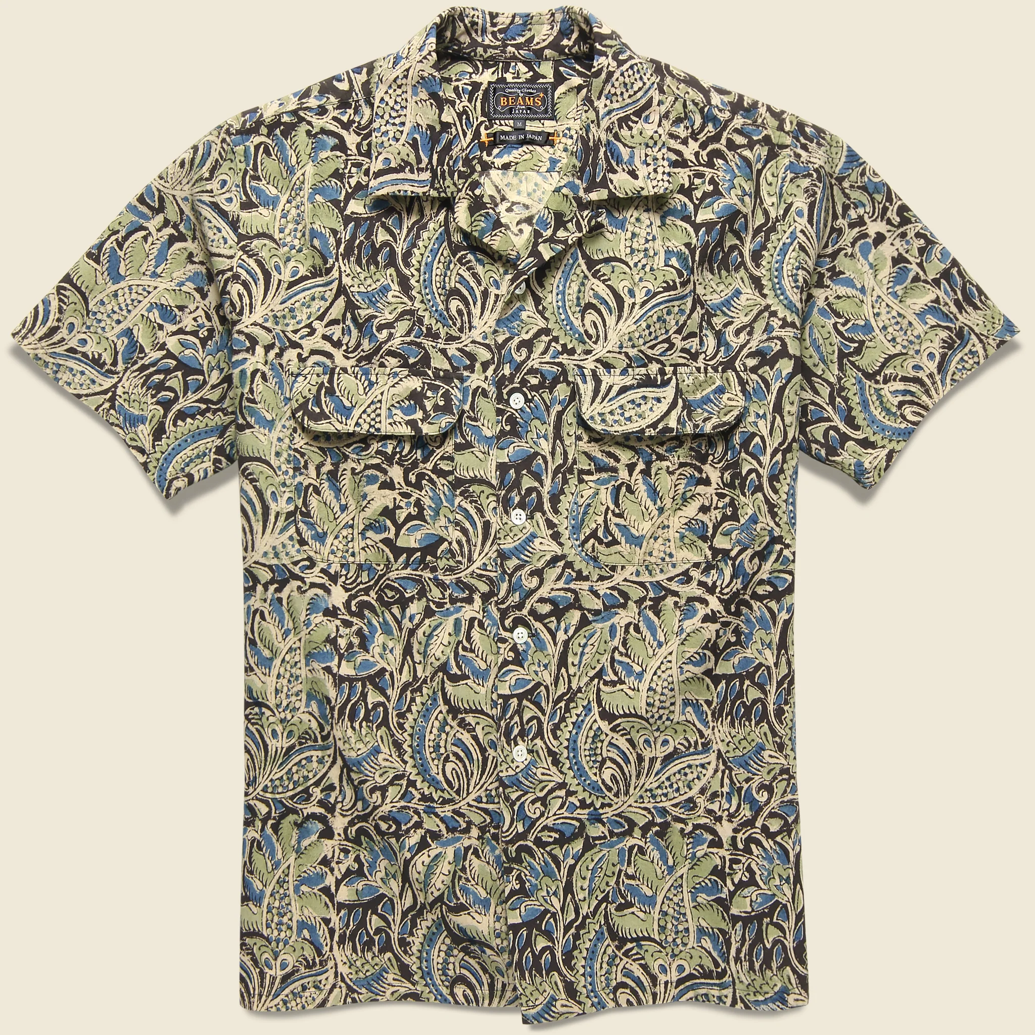Open Collar Short Sleeve Botanical Block Print Shirt - Black