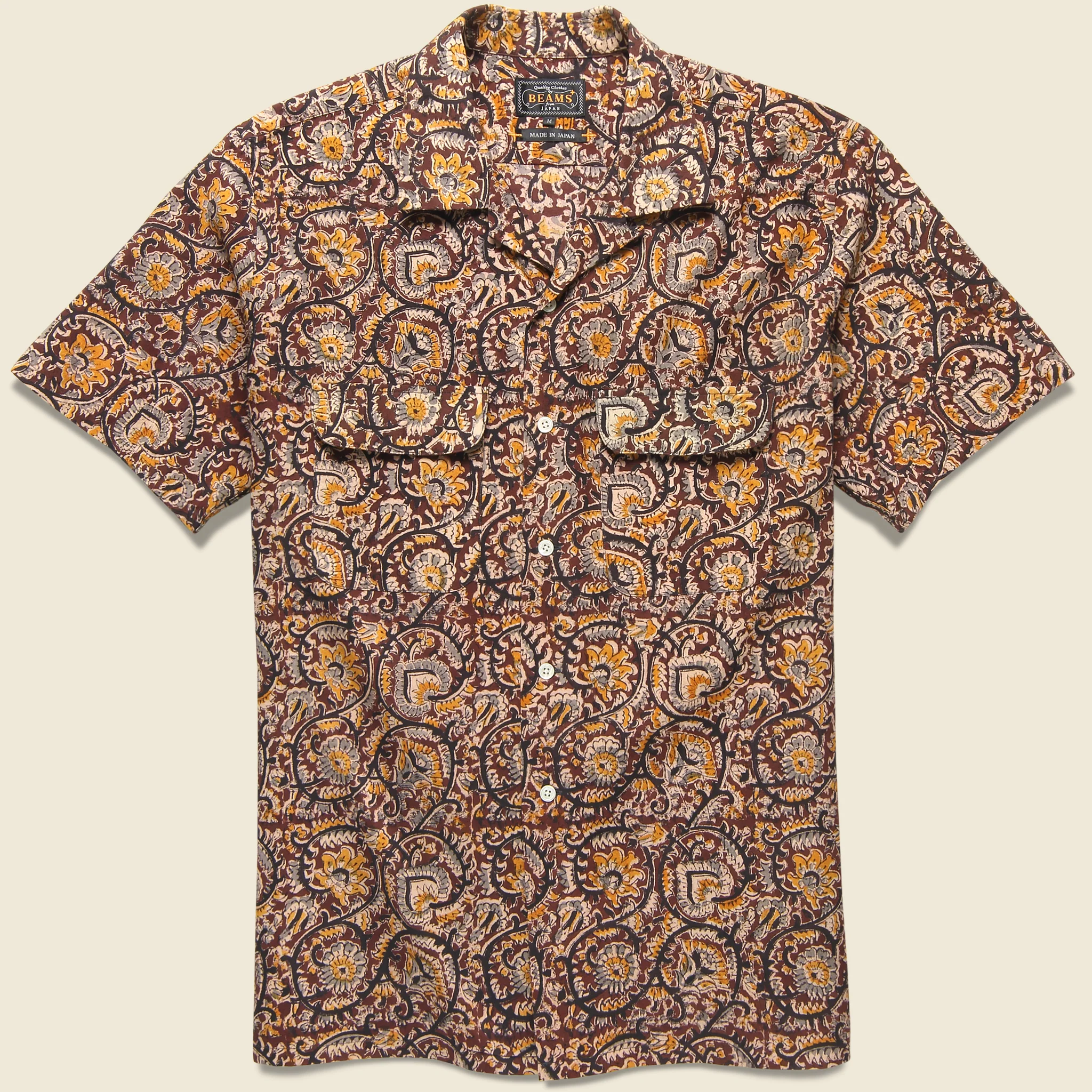 Open Collar Short Sleeve Botanical Block Print Shirt - Brown