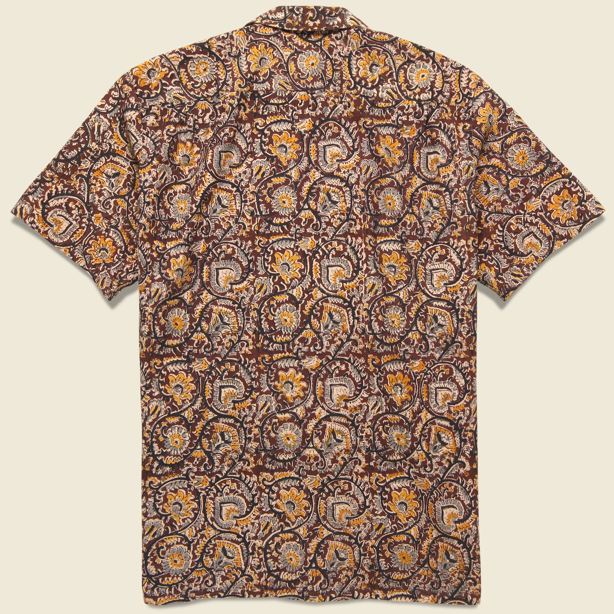 Open Collar Short Sleeve Botanical Block Print Shirt - Brown - Image 2