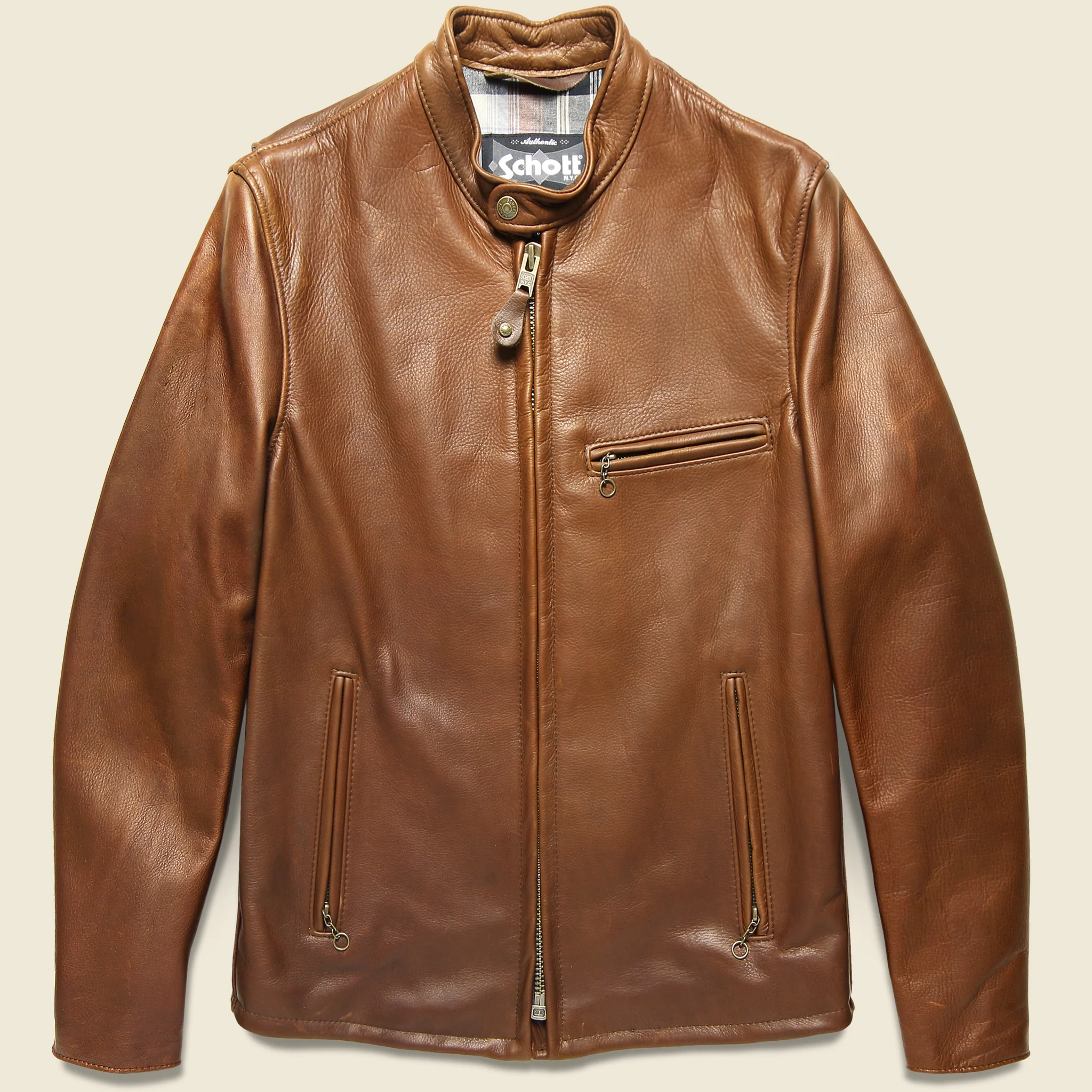 Pebbled Cowhide Leather Café Racer Jacket - Brown