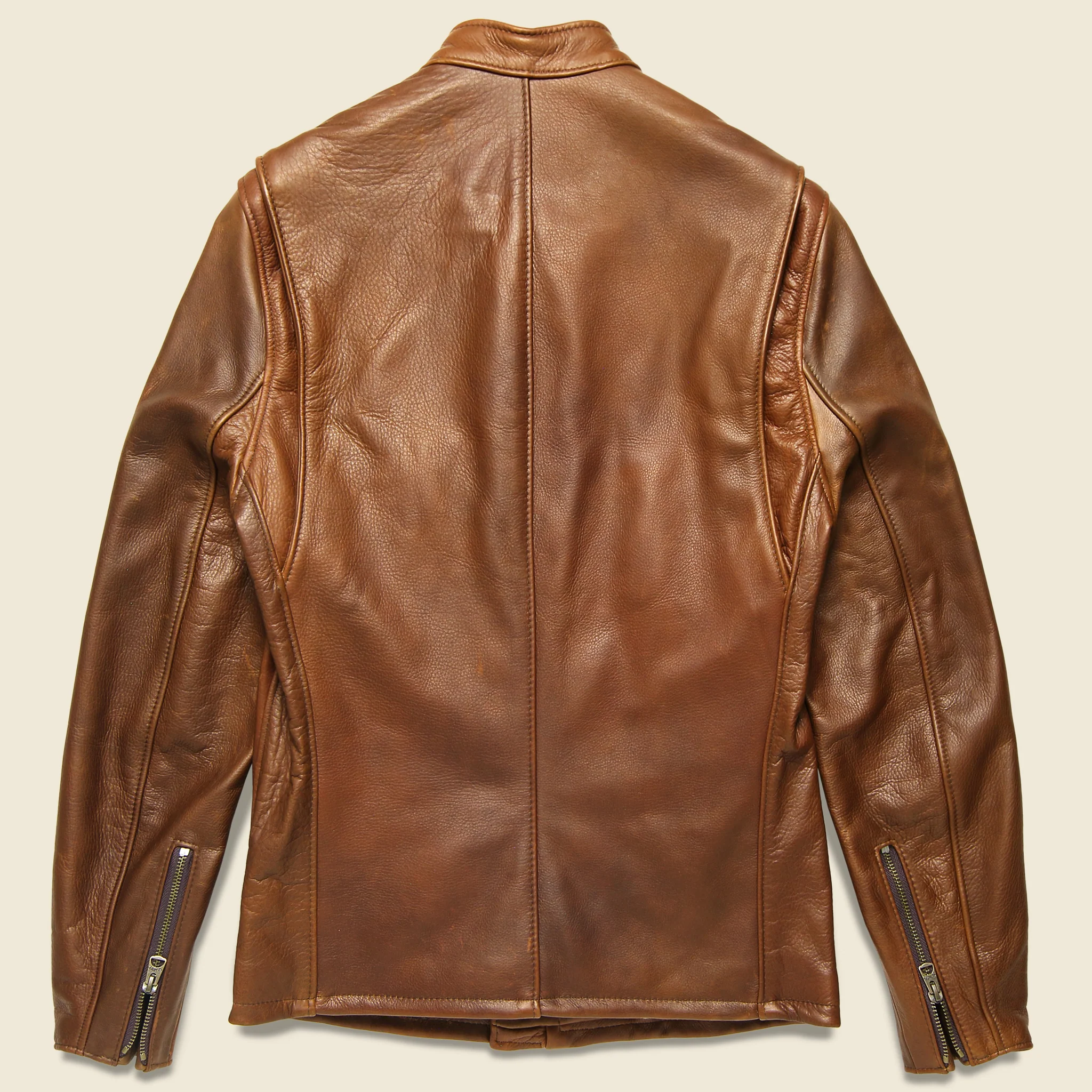 Pebbled Cowhide Leather Café Racer Jacket - Brown - Image 2