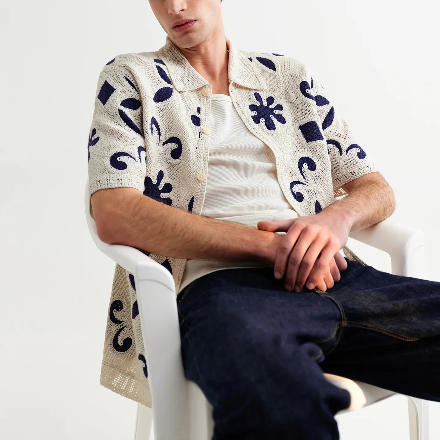 Porto Doodle Crochet Shirt - Ecru/Dark Blue - Image 2