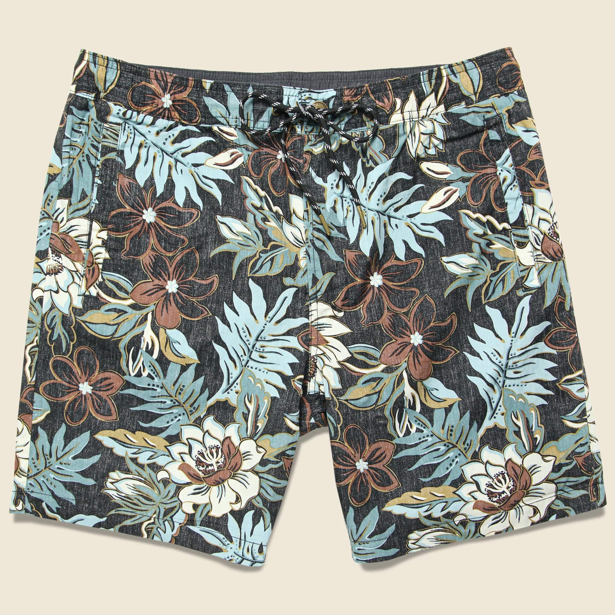 Vintage Hawaiian Floral Swim Trunk - Black