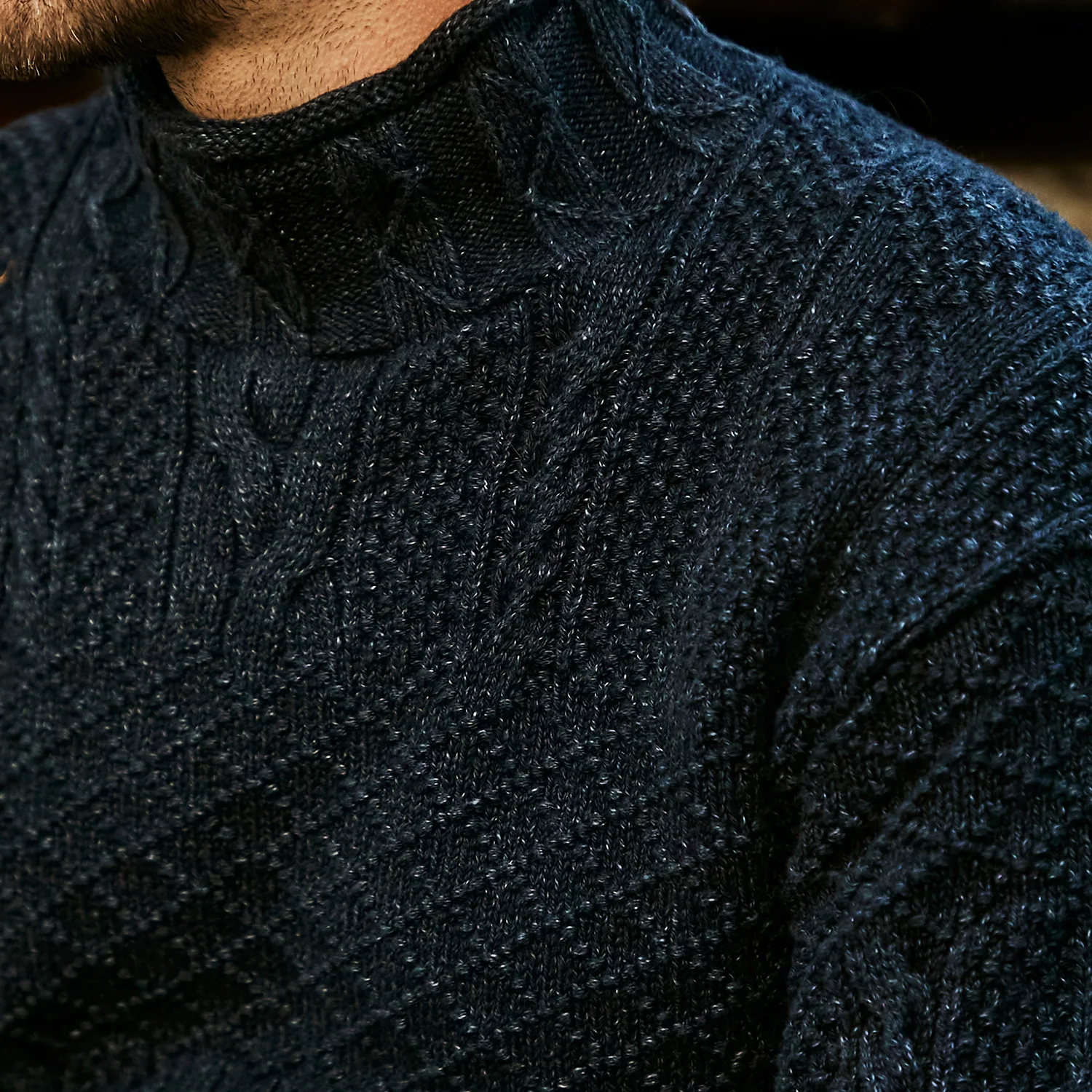 Roll Neck Cable Knit Sweater - Black Indigo - Image 5
