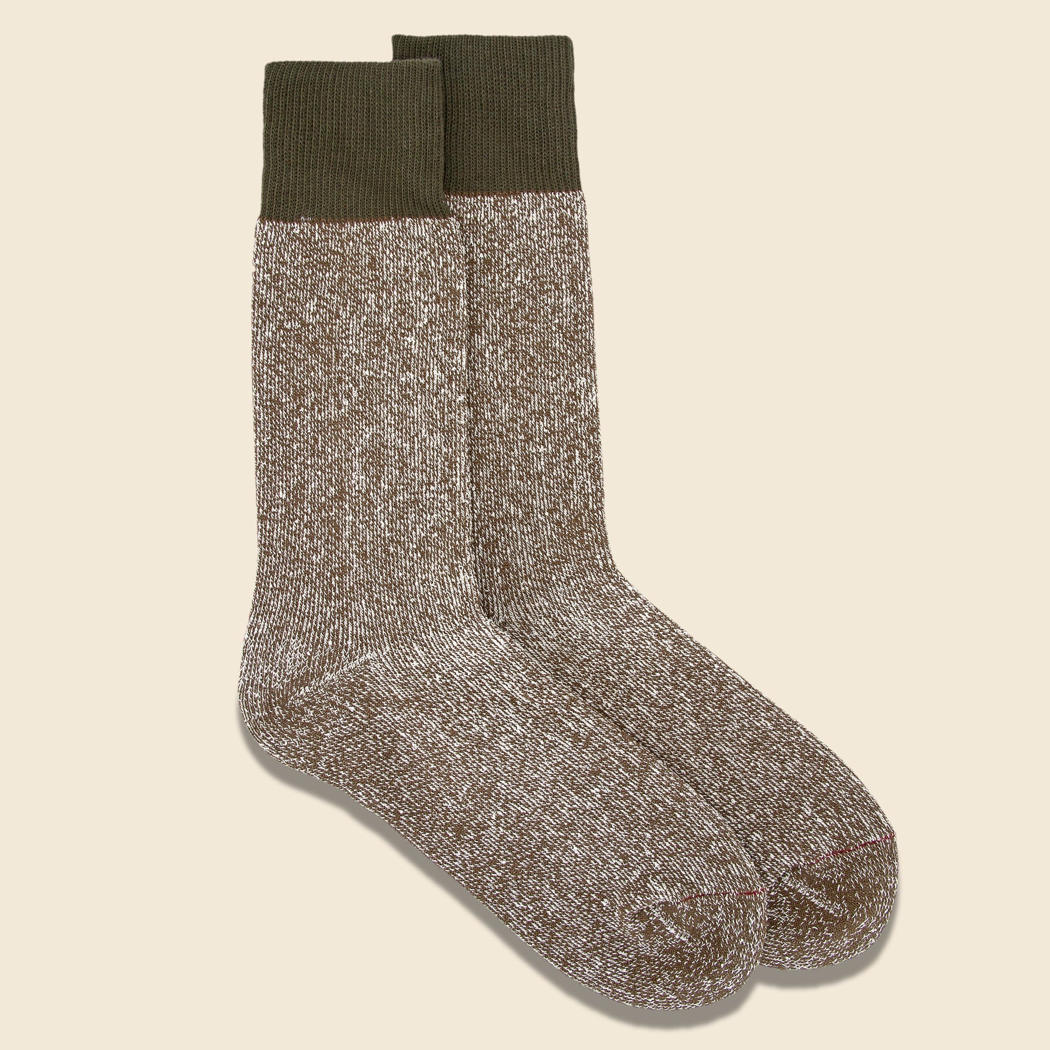 Silk & Cotton Double Face Crew Sock - Olive/Dark Khaki