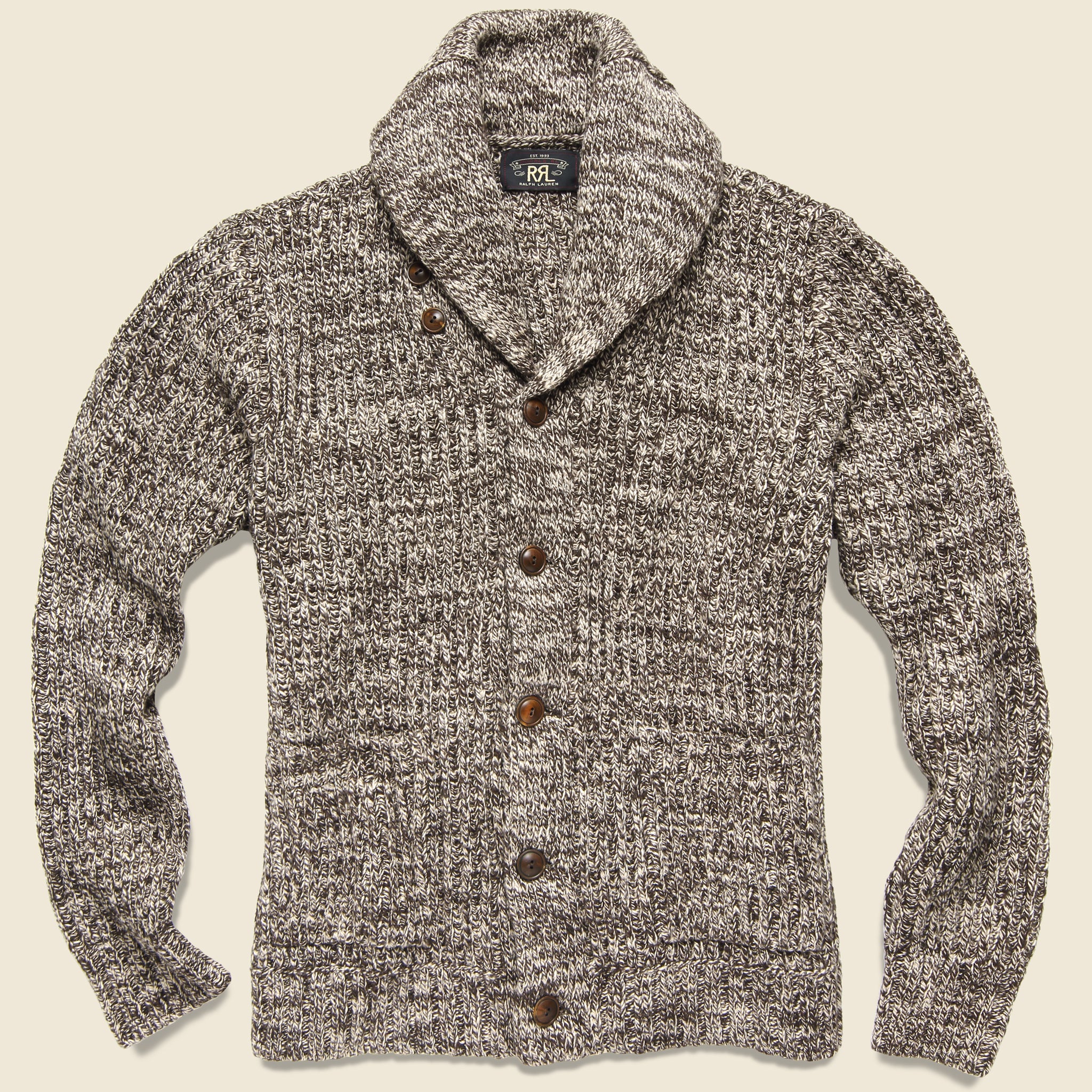 Cotton Shawl-Collar Cardigan - Brown Cream Marl
