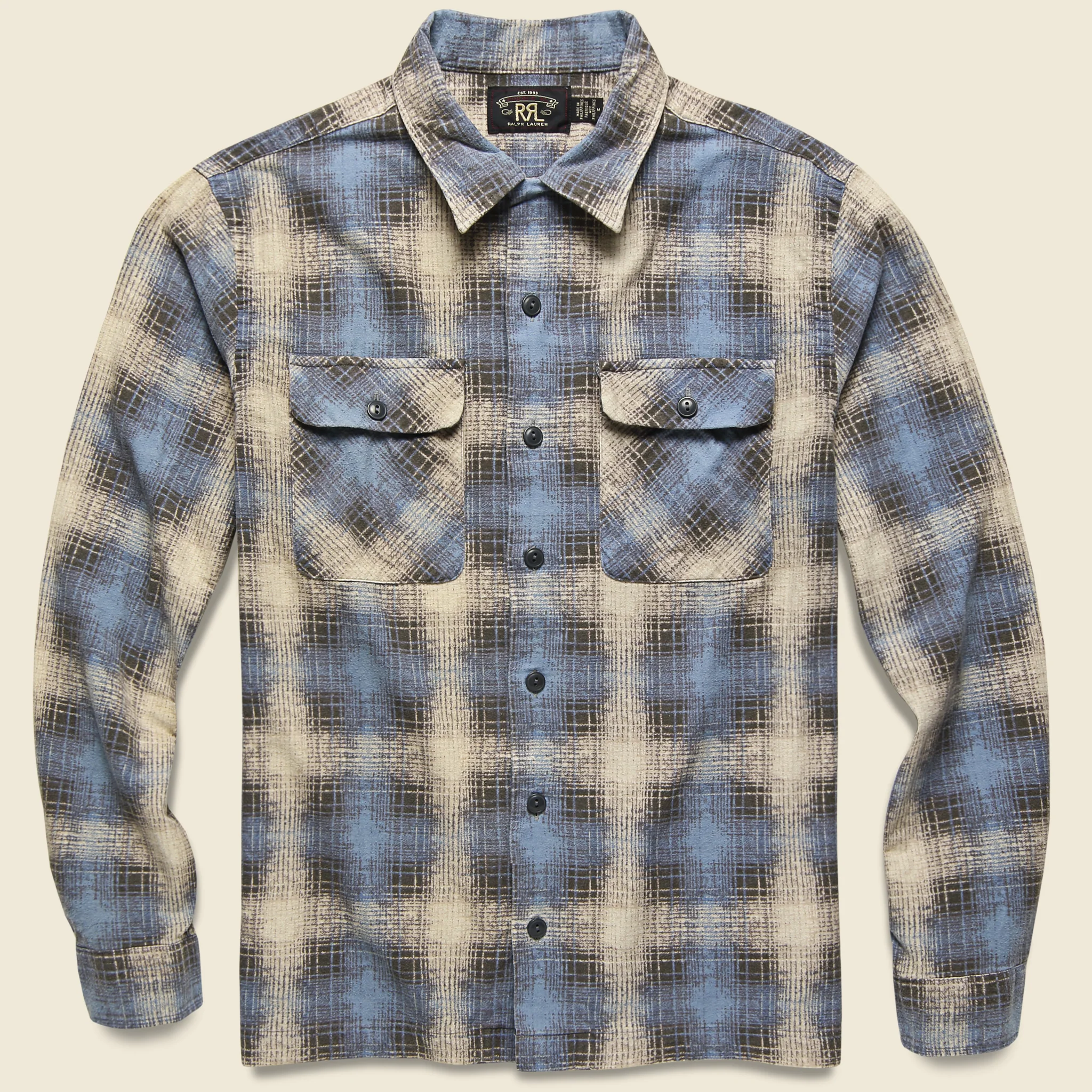 Plaid-Print Brushed Camp Shirt - Cream/Blue