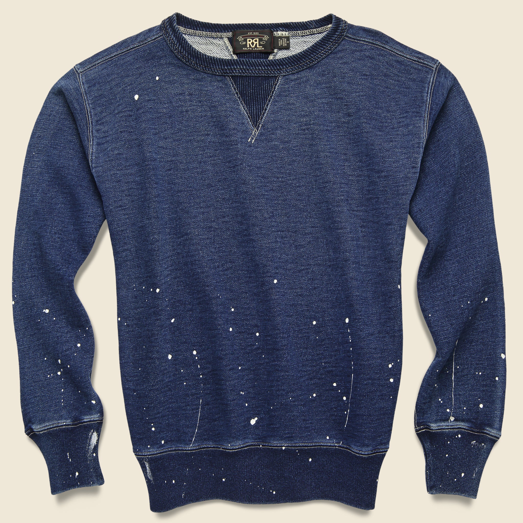 Distressed Double V Crewneck - Washed Blue Indigo