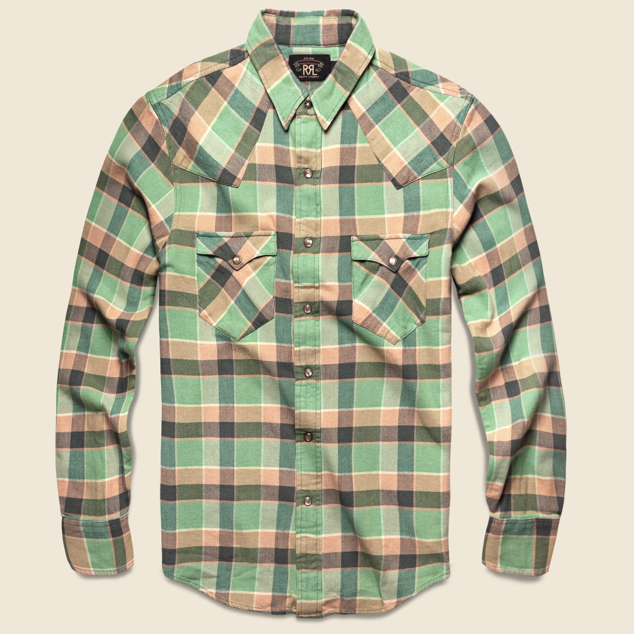Slim Plaid Twill Western Shirt - Green/Coral