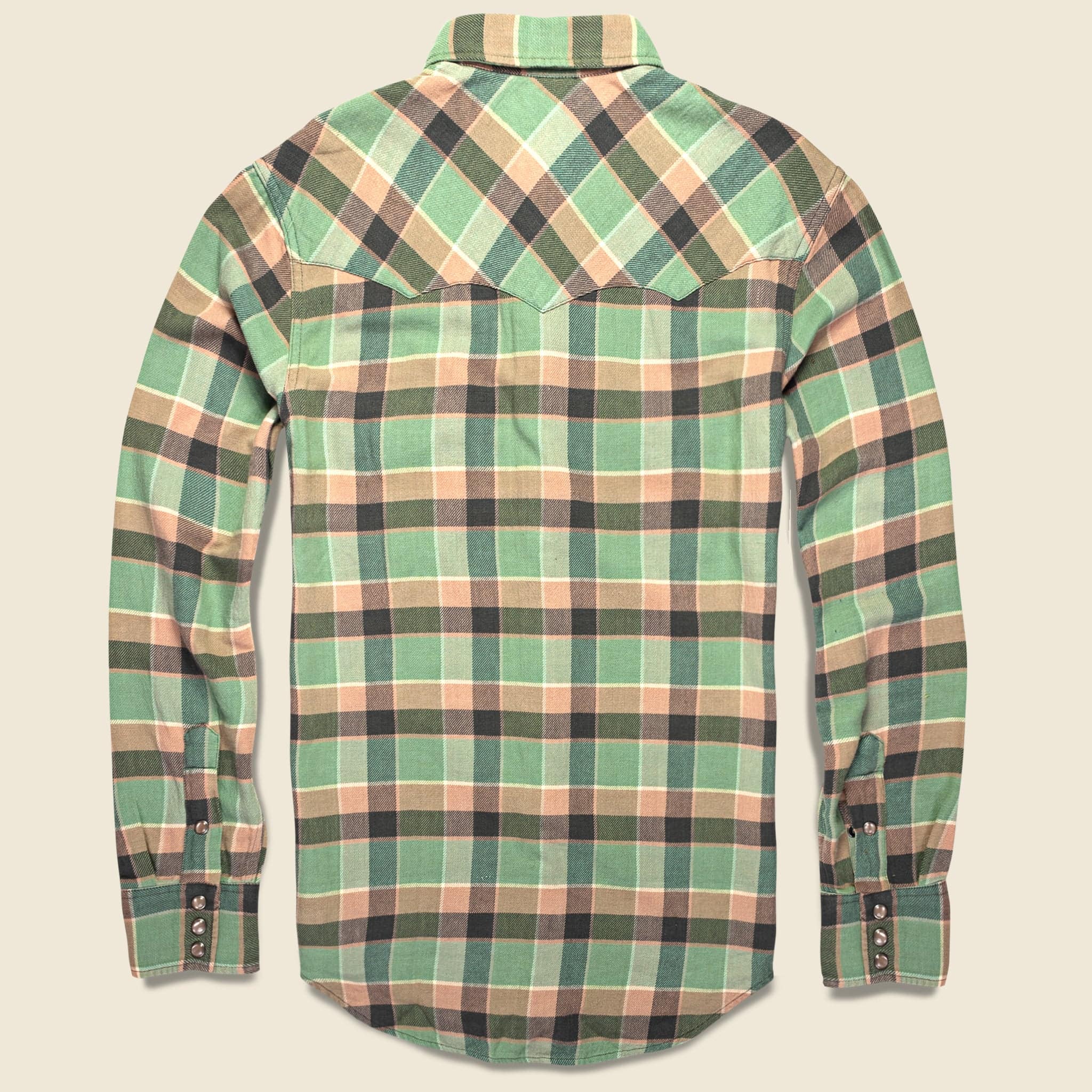 Slim Plaid Twill Western Shirt - Green/Coral - Image 2