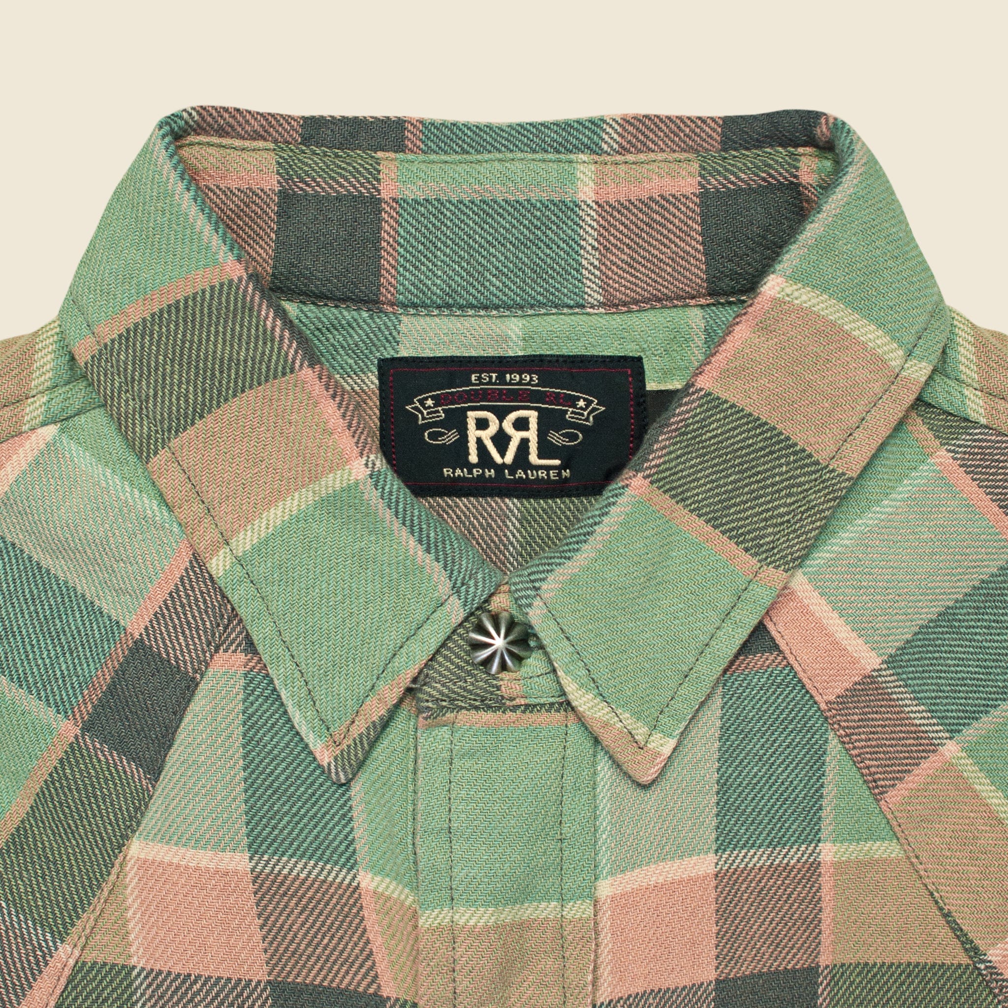 Slim Plaid Twill Western Shirt - Green/Coral - Image 4