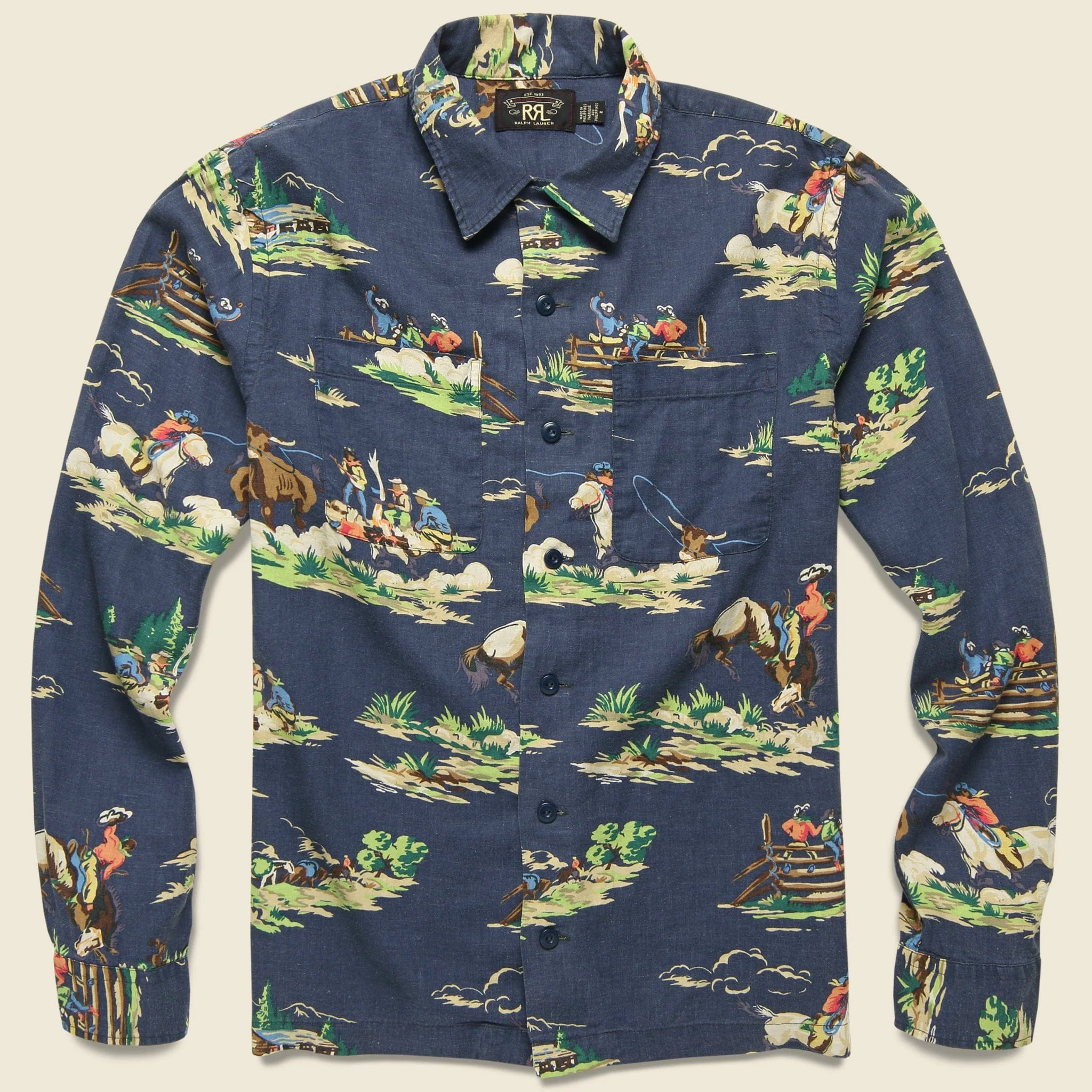 Western Print Towns Camp Shirt - Navy Multi
