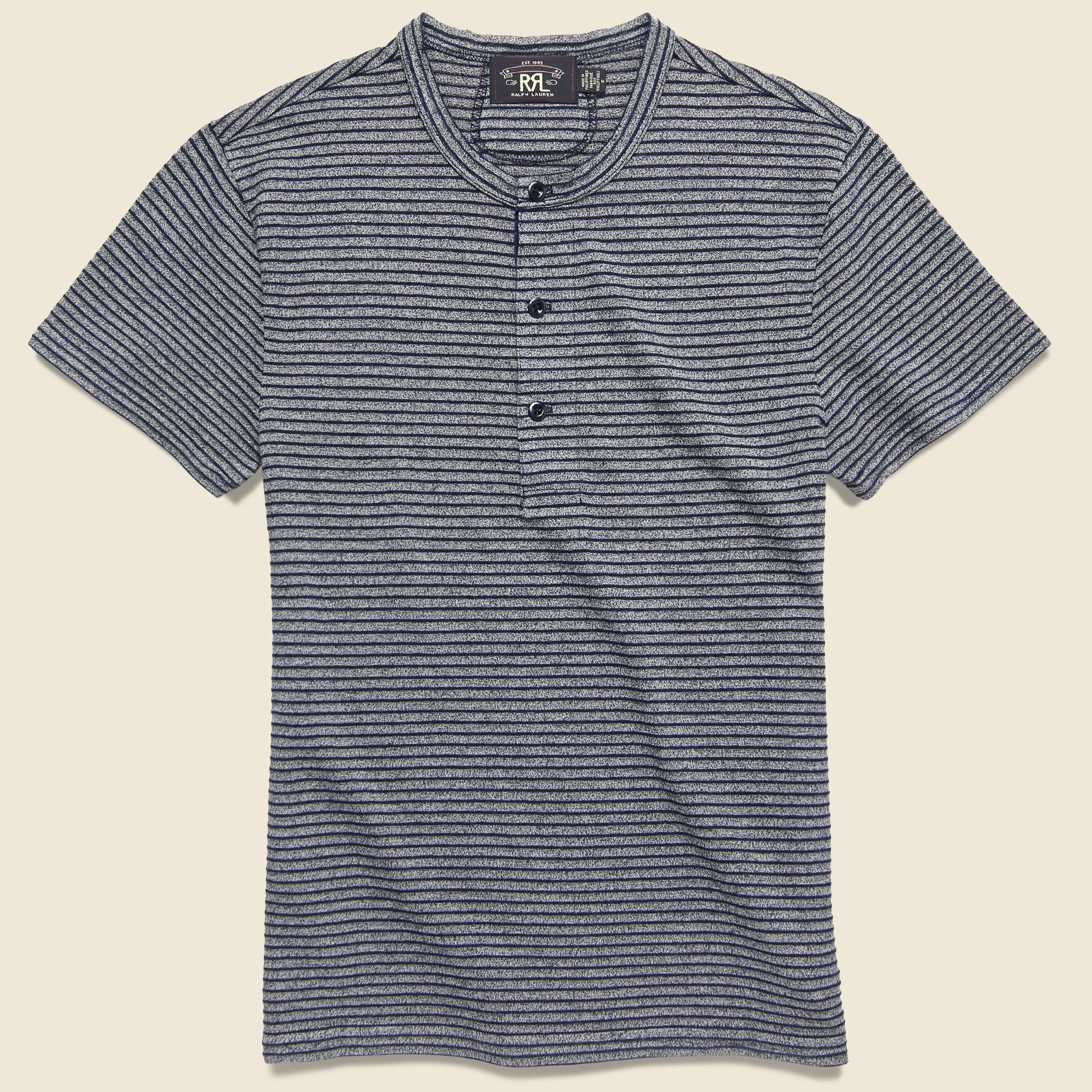 Indigo Striped Cotton Henley - Navy/Greige